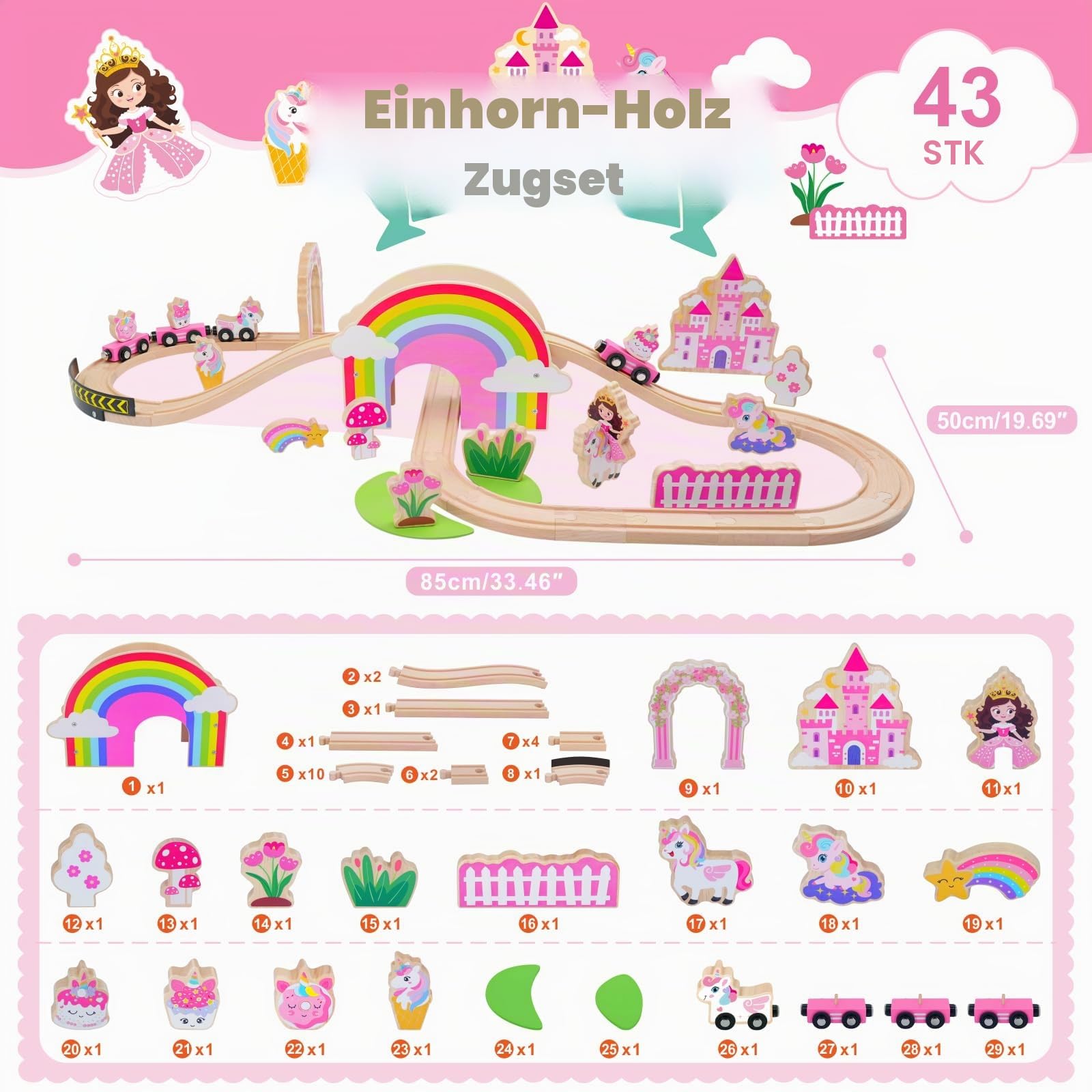 SIMPLIPLAY Holzeisenbahnset – 43-teiliges magnetisches Einhorn-Spielzeugzugset mit Holzeisenbahnschienen und Brücke für Mädchen und Kleinkinder, Geburtstag oder zu Weihnachten