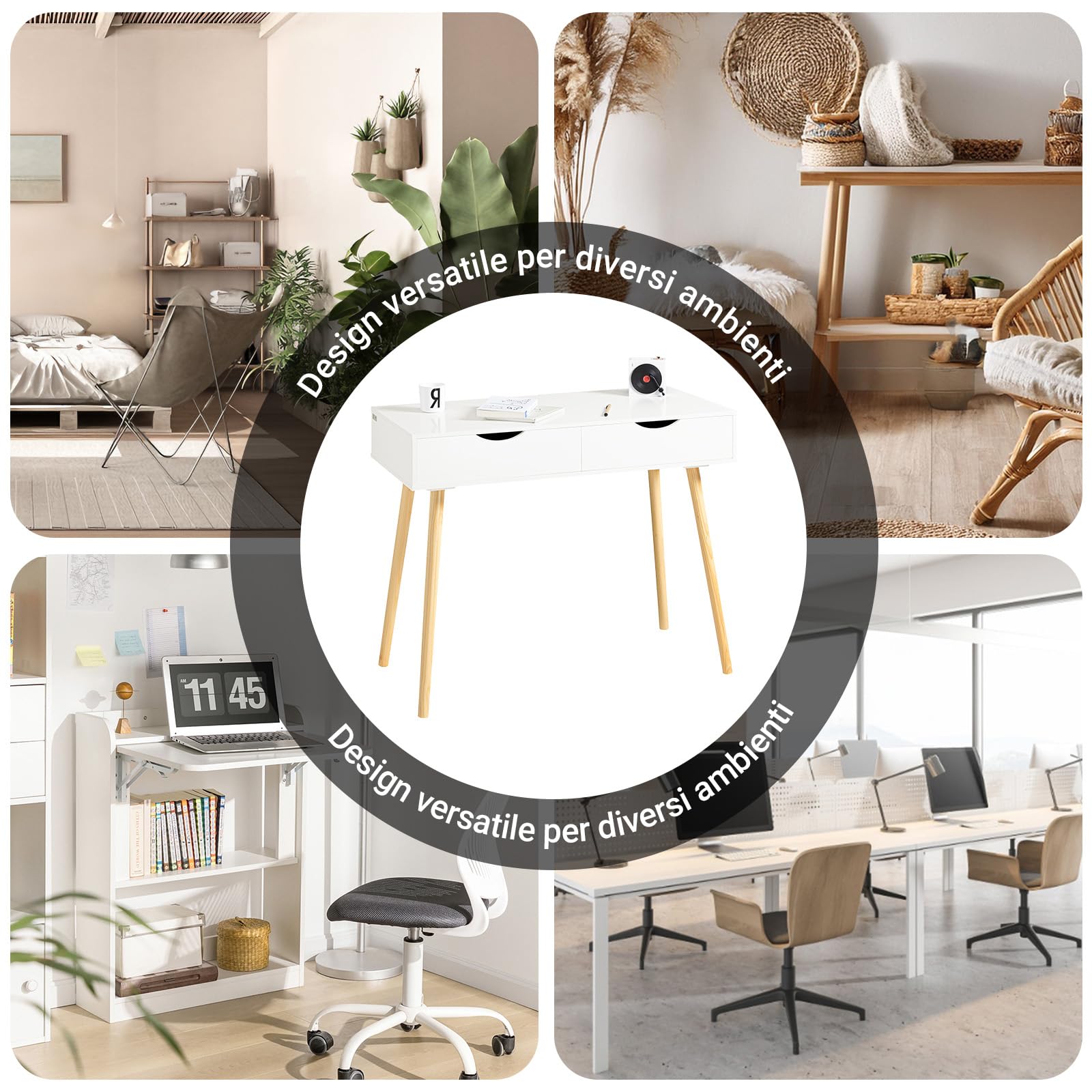 SoBuy Scrivania con 2 cassetti, Gambe in Legno di Pino, Scrivania Ufficio Compatta, Tavolo da Lavoro per Studio Cameretta e Camera da Letto, L90*P45*A77cm, FWT40-WN
