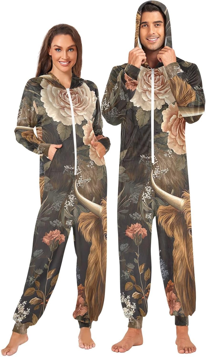 GAIREG Vintage Highland Cow Rose Brown Men's Women's Hooded One-Piece Pajamas, Zipper Christmas Pajama Onesie for Adults