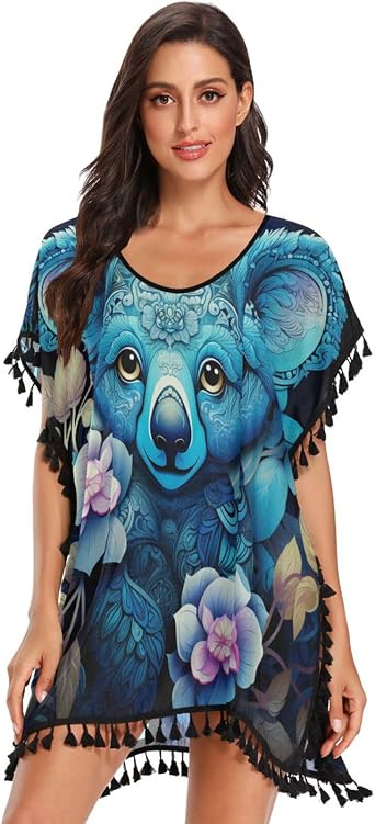 Cute Animal Art Koala Womens Beach Cover Up Chiffon Tassel Swimwear Swimsuit Coverups for Girl