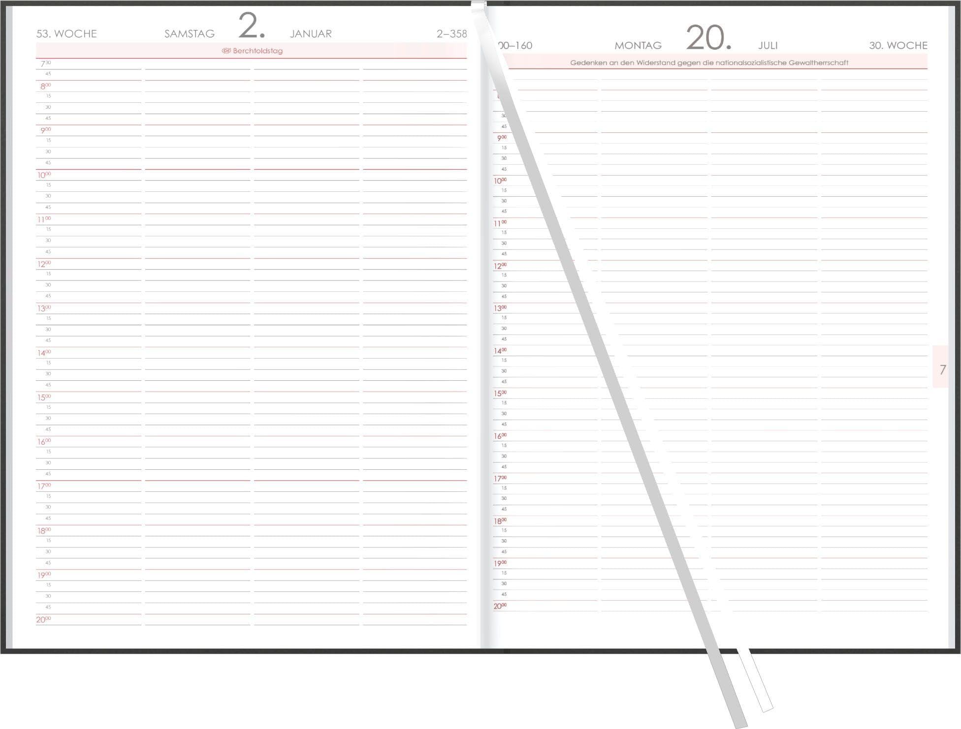 Terminbuch A4 1T/1S anthrazit 2027: Bürokalender groß 21x29,7 cm mit 1 Tag pro Seite, 4 Spalten, Viertelstundeneinteilung 7:30-20 Uhr, 2 Lesebändern & Eckperforation