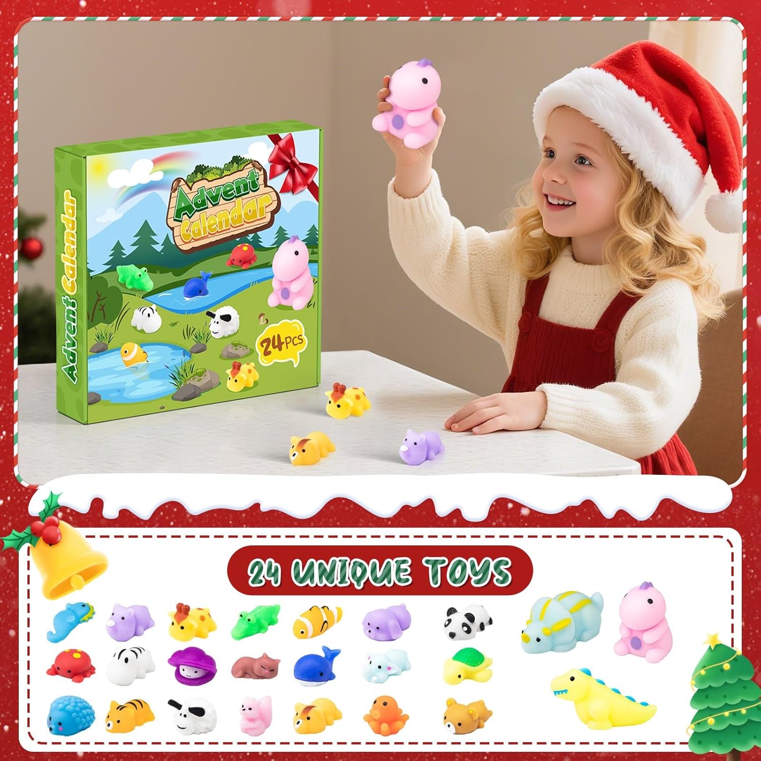 Advent Calendar 2025 with 3 Cute Jumbo Dinosaur and 21 Mochi Squishy Toys - 24 Days Christmas Countdown Calendar Gifts for Kids Boys Teen Toddlers (Animals)