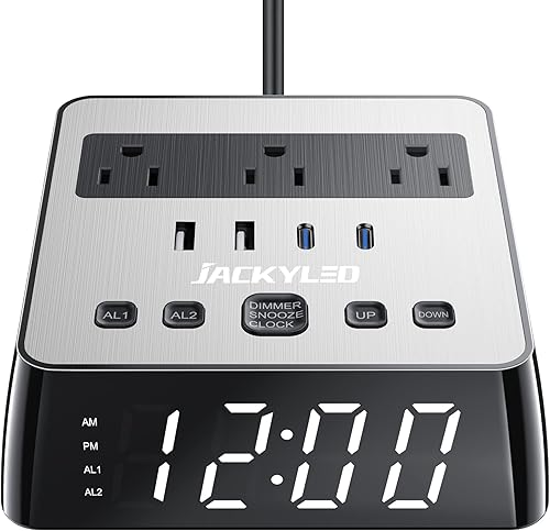 JACKYLED Reloj despertador con cargador USB, tira de alimentación total de 4.8 A, puertos USB LED, pantalla completa, protector de sobretensiones,