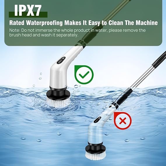 Electric Spin Scrubber, IPX7 Waterproof Bathroom Cleaning Brush, Shower Scrubber with Long Handle & 2 Speed, Cordless Electric Cleaning Brush with 9 Replaceable Brush Heads for Tub Shower Tile Floor