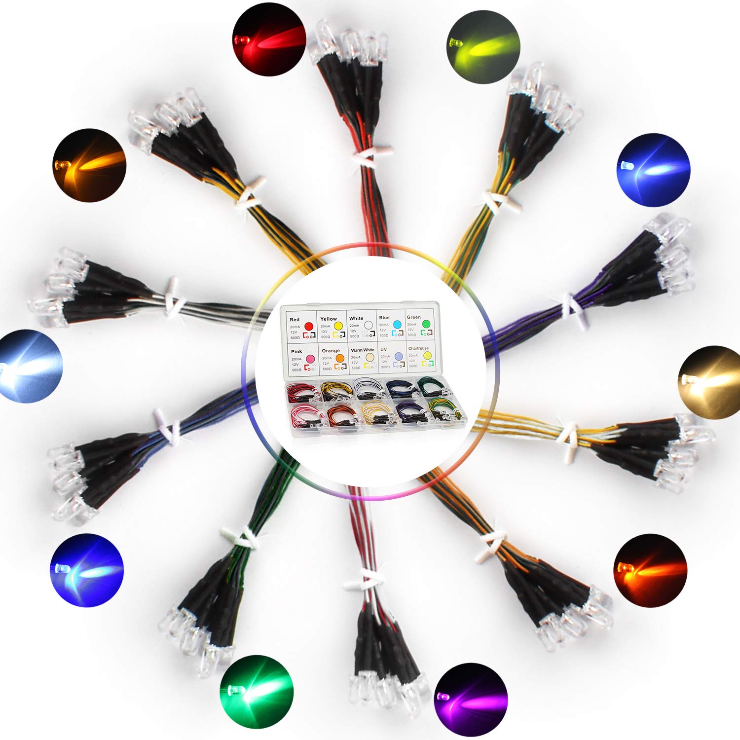 DiCUNO 100 szt. (10 kolorów x 10 szt.) 5 mm 12 V wstępnie przewodowe LED światło emitujące diodę okrągła lampa LED różne diody kolorowe zestaw rezystorów