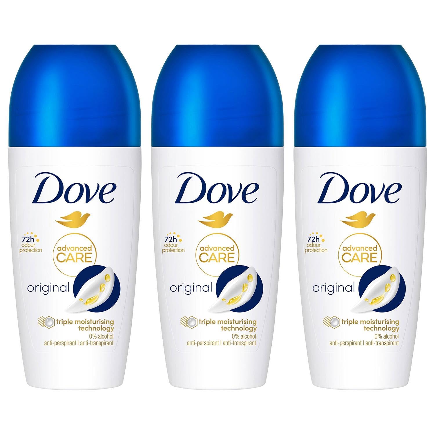 Dove Deodorant Roll On Advance Care Go Fresh Original 72H Odour Protection Anti-Transpirant and Anti-Perspirant for Women with Triple Moisturising Technology, 50ml pack of 3
