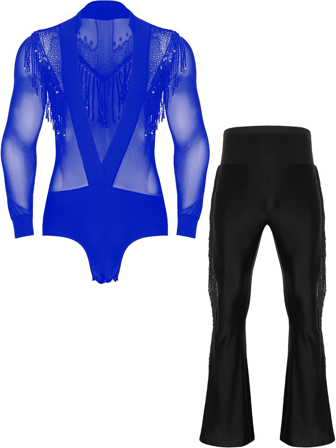 Men Sexy Mesh Deep V-neck Latin Dance Shirt Long Sleeve Salsa Ballroom Dance Leotard Figure Skating