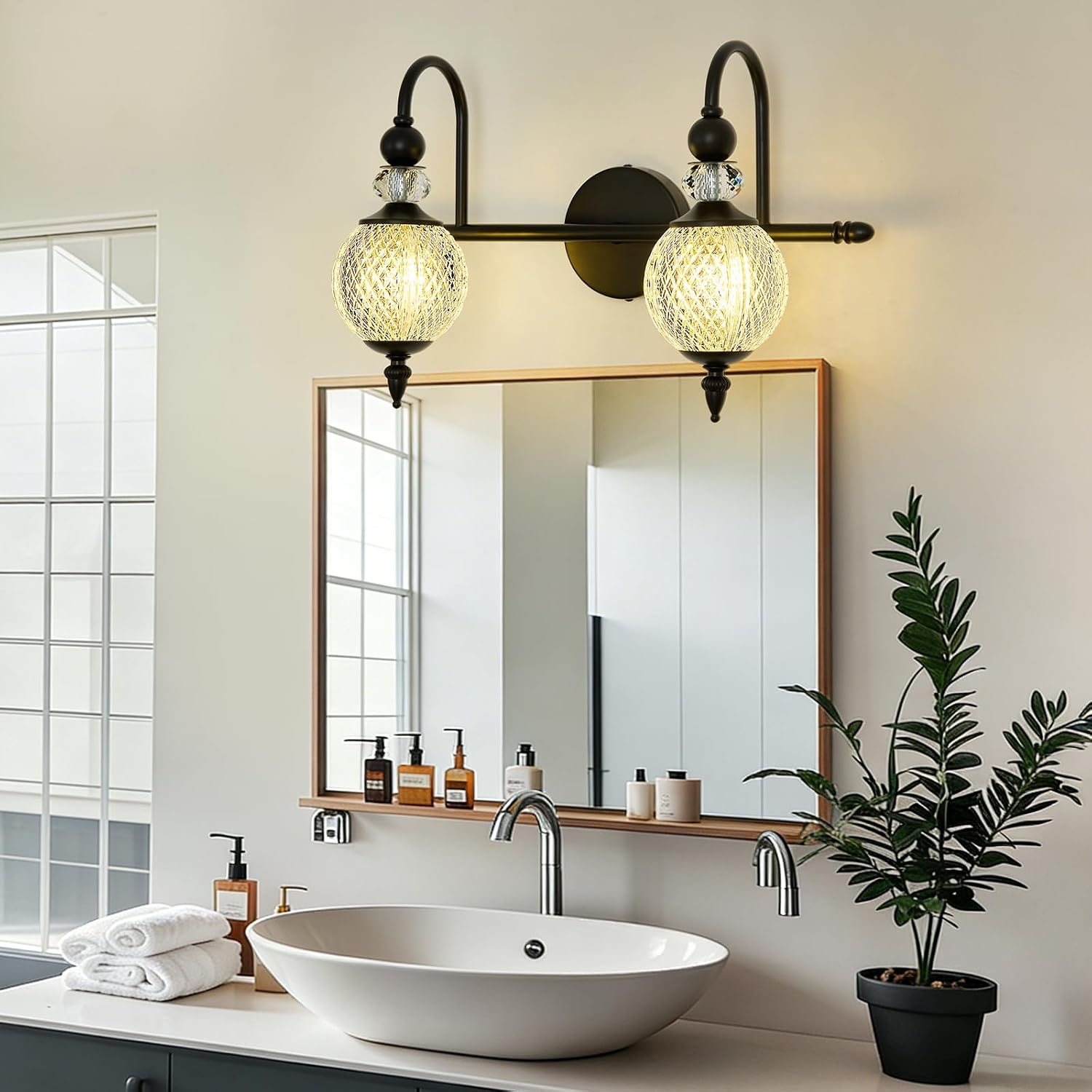Vintage Vanity Light 2 Lights Black Bathroom Light Fixtures Over Mirror with Acrylic Globe Shade