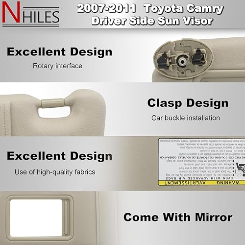 Miniatura 3 de Visera solar izquierda para el lado del conductor sin luz compatible con Toyota Camry 2007 2008 2009 2010 2011 Reemplazo # 74320-06780-E0 Color Beige