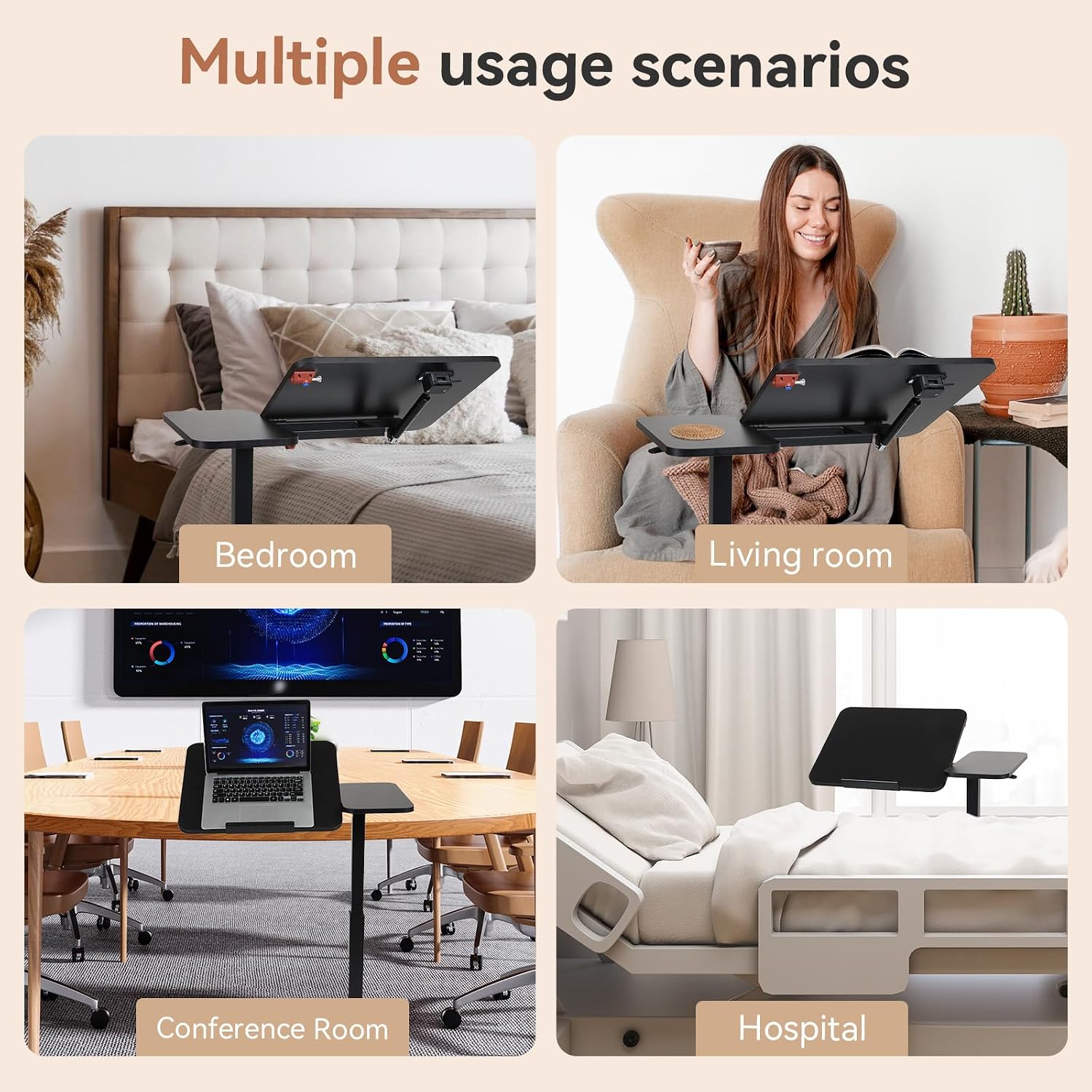Height Adjustable Overbed Table，has Hidden Wheels and a rotatable Tabletop，can be Used for Home Offices and Hospitals(Black)