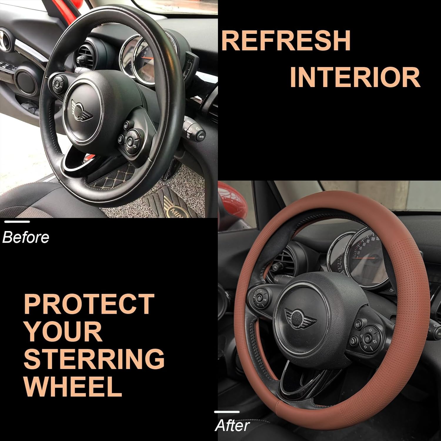 PINCTROT Large Size Nappa Leather Steering Wheel Cover, Slim Fit No Bulk Design, One Piece Leather with Breathable Perforation, Fit Like Gloves, 15.5-15.75 Inch(Nappa Brown)