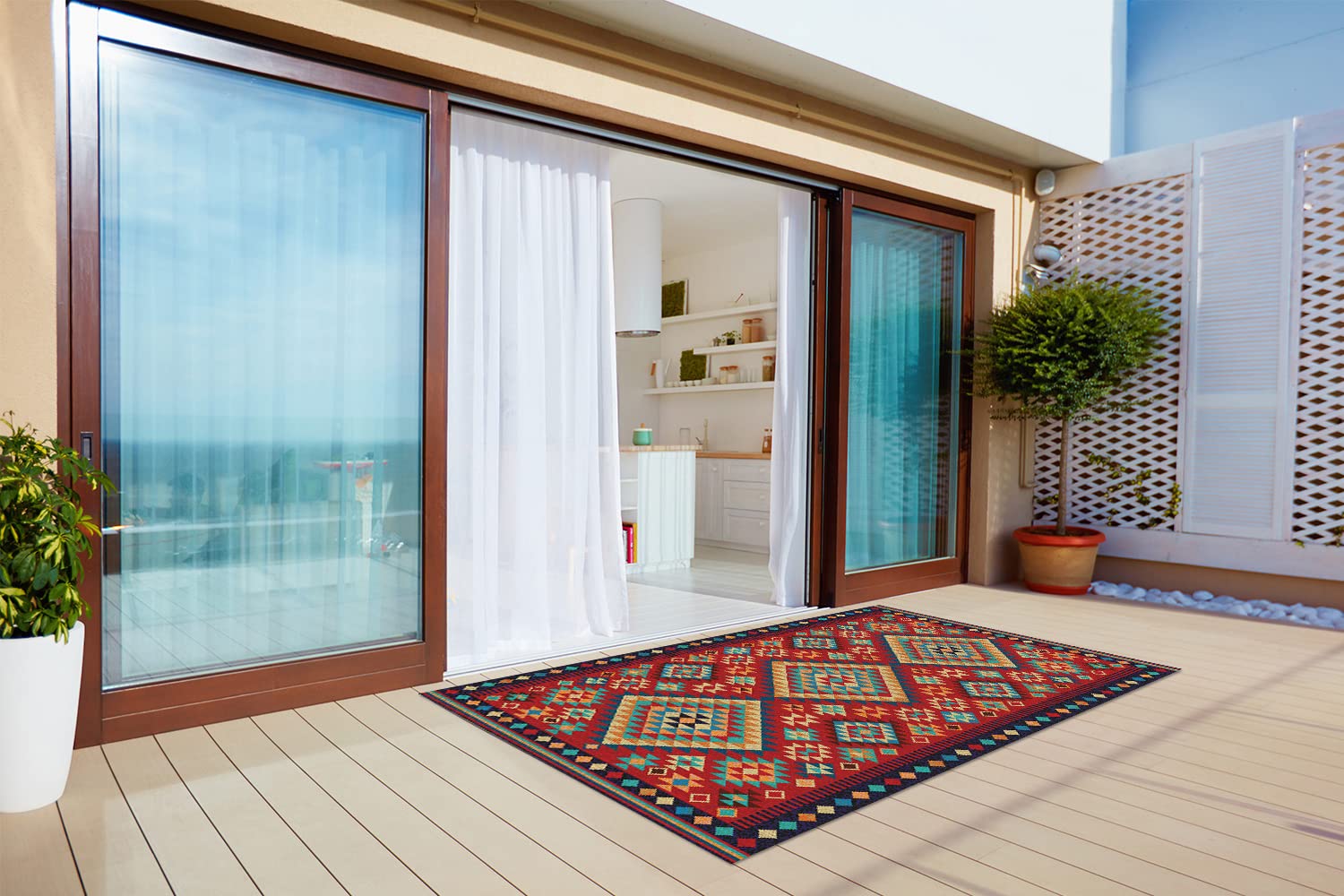Decormat Tapis Vinyle Le Jardin 60x90cm Rouge de Terrasse PVC de Sol Lino Linoléum sur Balcon Étanche Extérieur - Triangles rétro