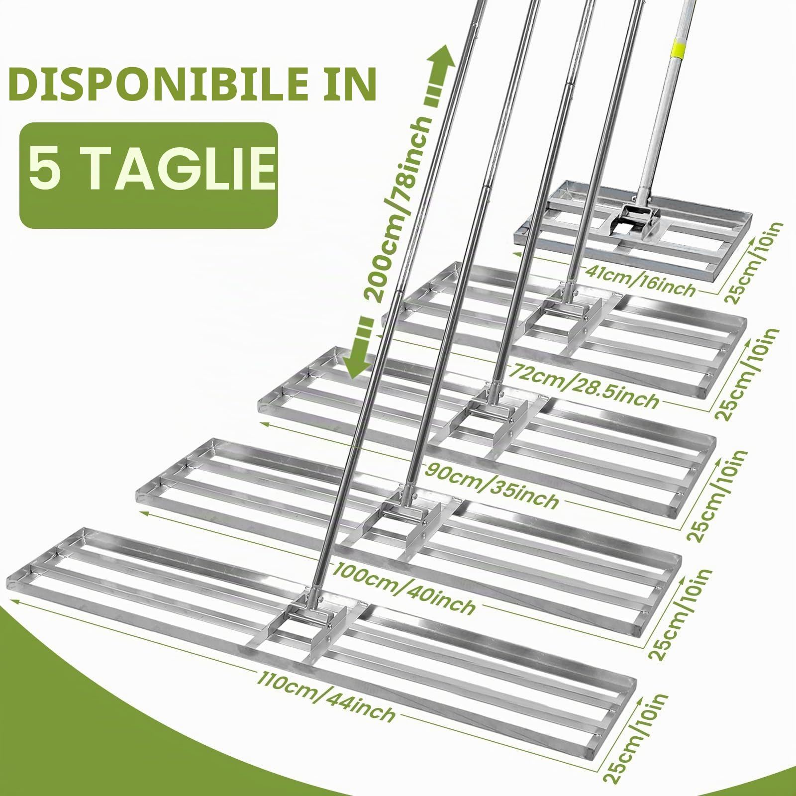 Rastrello livellatore per prato, 28 x 25,4 cm, resistente, manico in acciaio inox, cortile, giardino, campo da golf, facile da usare