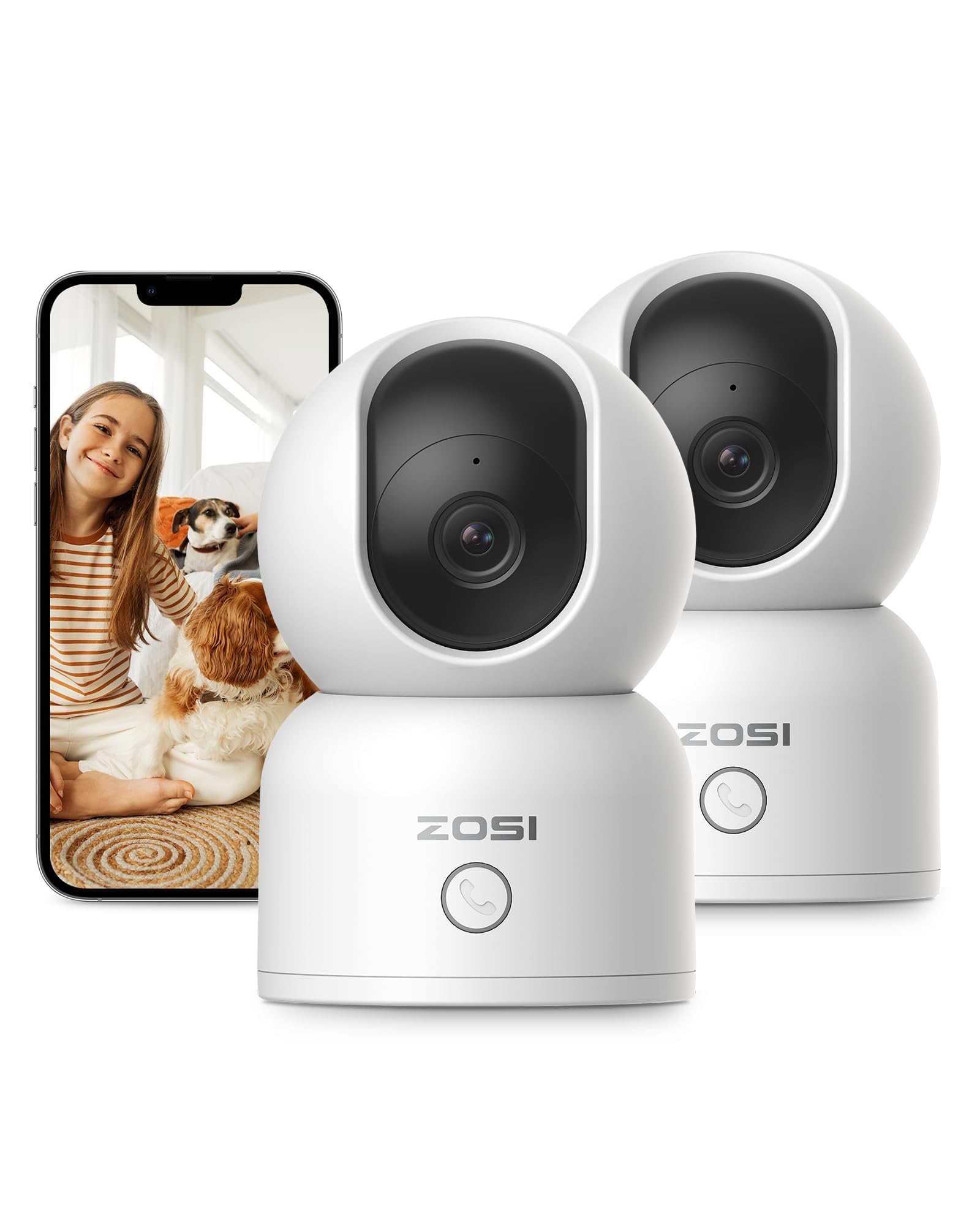 ZOSI 3MP 2K Security Camera, 360° Views Baby/Pet Dog Monitor, 2.4G/5G Dual-Band WiFi Pan/Tilt Indoor Camera, One-Touch Call,Smart Person Detection, 2 Way Audio, Cloud & Local Storage, 2Pcs C518