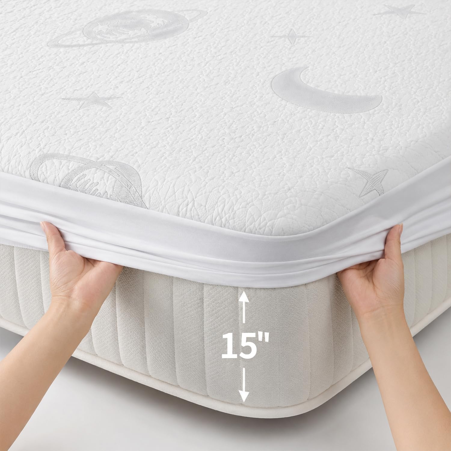 Queen Fitted Sheet White 15" Deep Pocket, Fitted Sheet with Elastic All Around, Soft Queen Bed Sheet for Queen Mattress Cover Style Fit, No Slip Bed Cover for Master Bedroom, Airbnb, RV