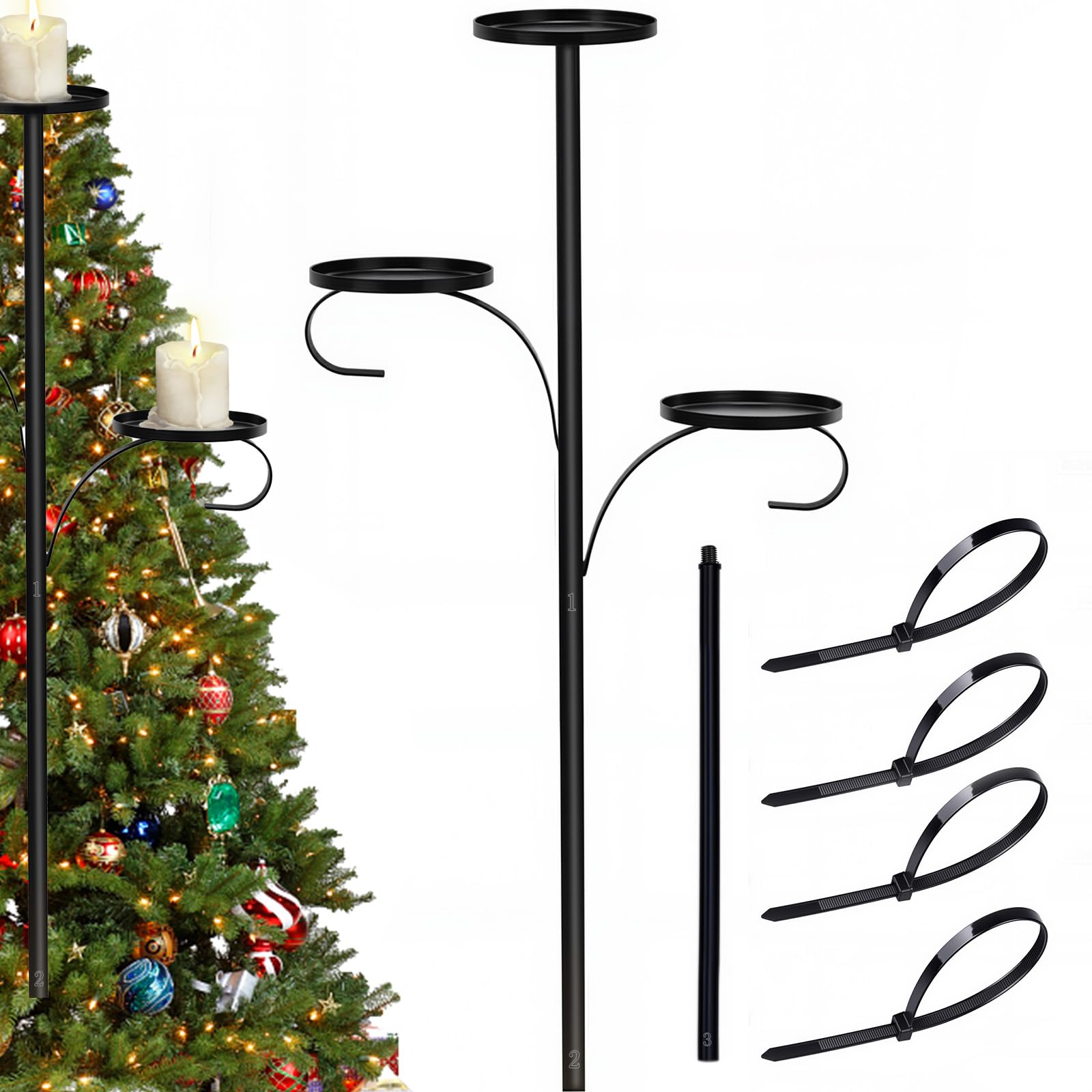 Christmas Tree Candle Holder for Big Flameless Candles — 32.4 Inches Black Triple Shelf Christmas Tree Topper, Candle Tree Topper Holder, Christmas Tree Decorations for Candles, Gift Boxes