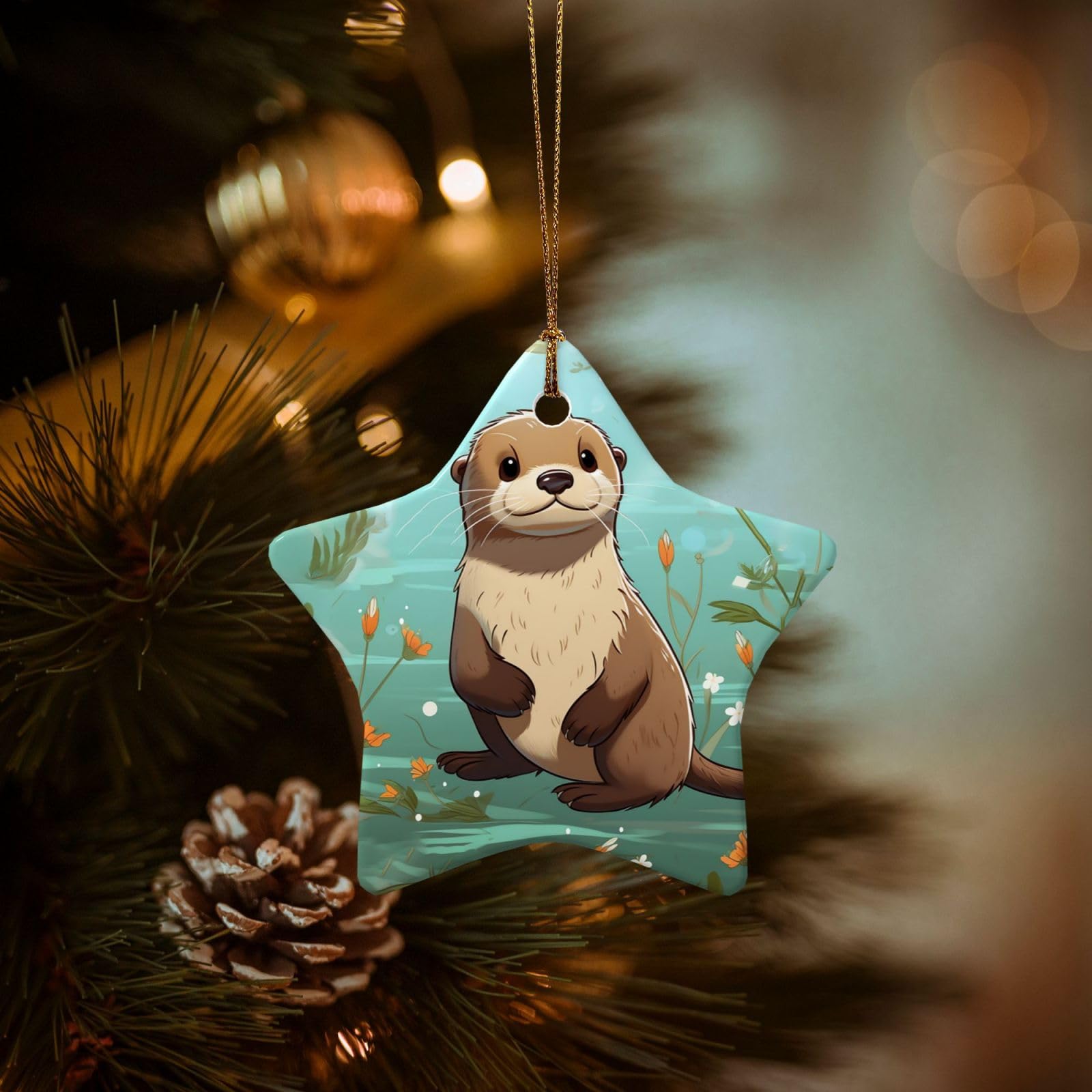 Christmas Ornaments for Christmas Tree Decoration Hanging Cartoon Cute Otter Ornament with Gold Ribbon Crafts Star Shape Ceramic Pendant for Keepsake Gifts Xmas Decor Party Supplies