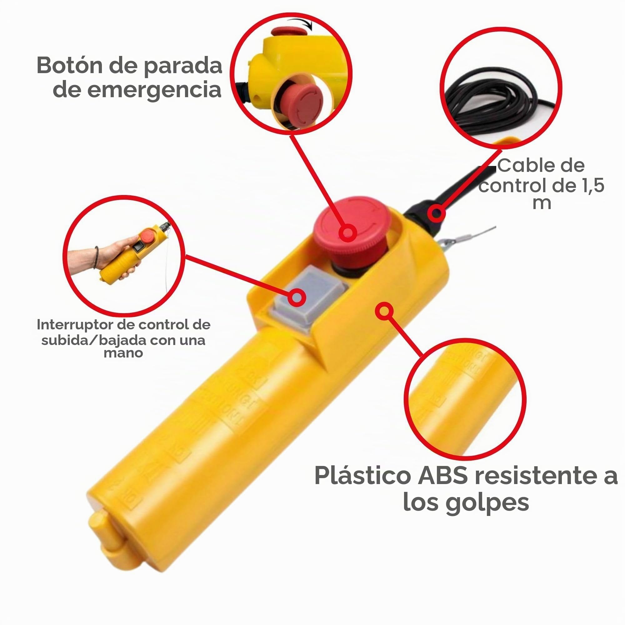 Toolland Control remoto para polipasto eléctrico 230V, control con cable de 1.5m y botón de emergencia, compatible con polipastos eléctricos, grúas giratorias y polipastos móviles, altura de elevación