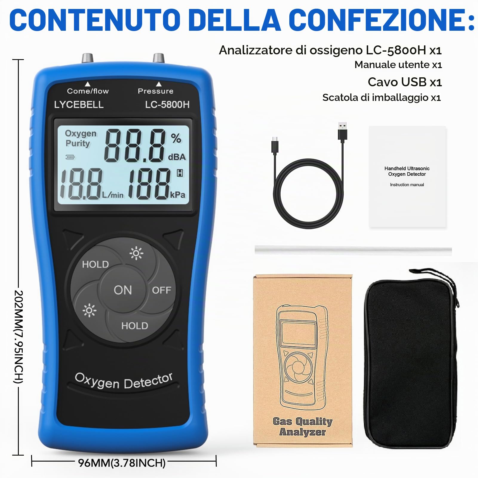 5800H Rilevatore di Ossigeno Portatile ad Ultrasuoni, 3-in-1 Misuratore per Concentrazione, Flusso e Pressione O2 di Generatore Domestico, 0-10 L/min & 0-199kPa, con Allarme Automatico