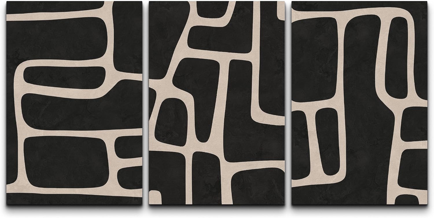NWT Canvas Print Wall Art Set Black & White Mid-Century Polygon Pattern Abstract Shapes Geometric Illustrations Modern Art Decorative Minimalist Cozy/Relax for Bedroom - 16"x24" x 3