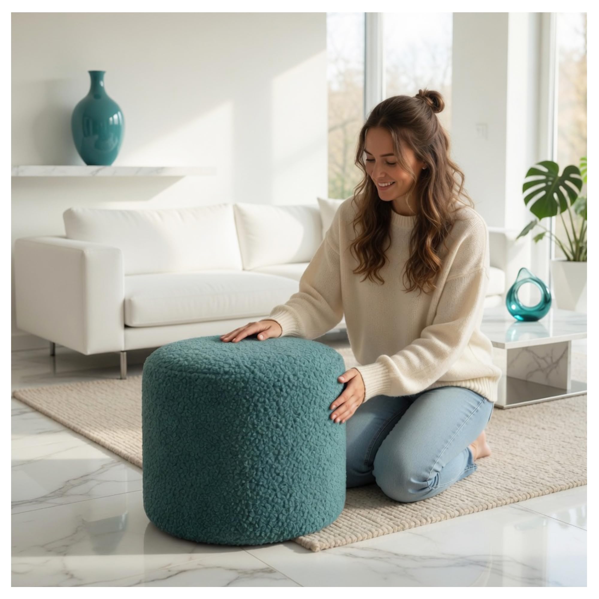 Deshome - Pouf poggiapiedi divano Ø 80 cm tessuto bouclé: Pouf design moderno per divano soggiorno camera da letto Puff poggiapiedi Pouffe salotto Iside Verde oliva