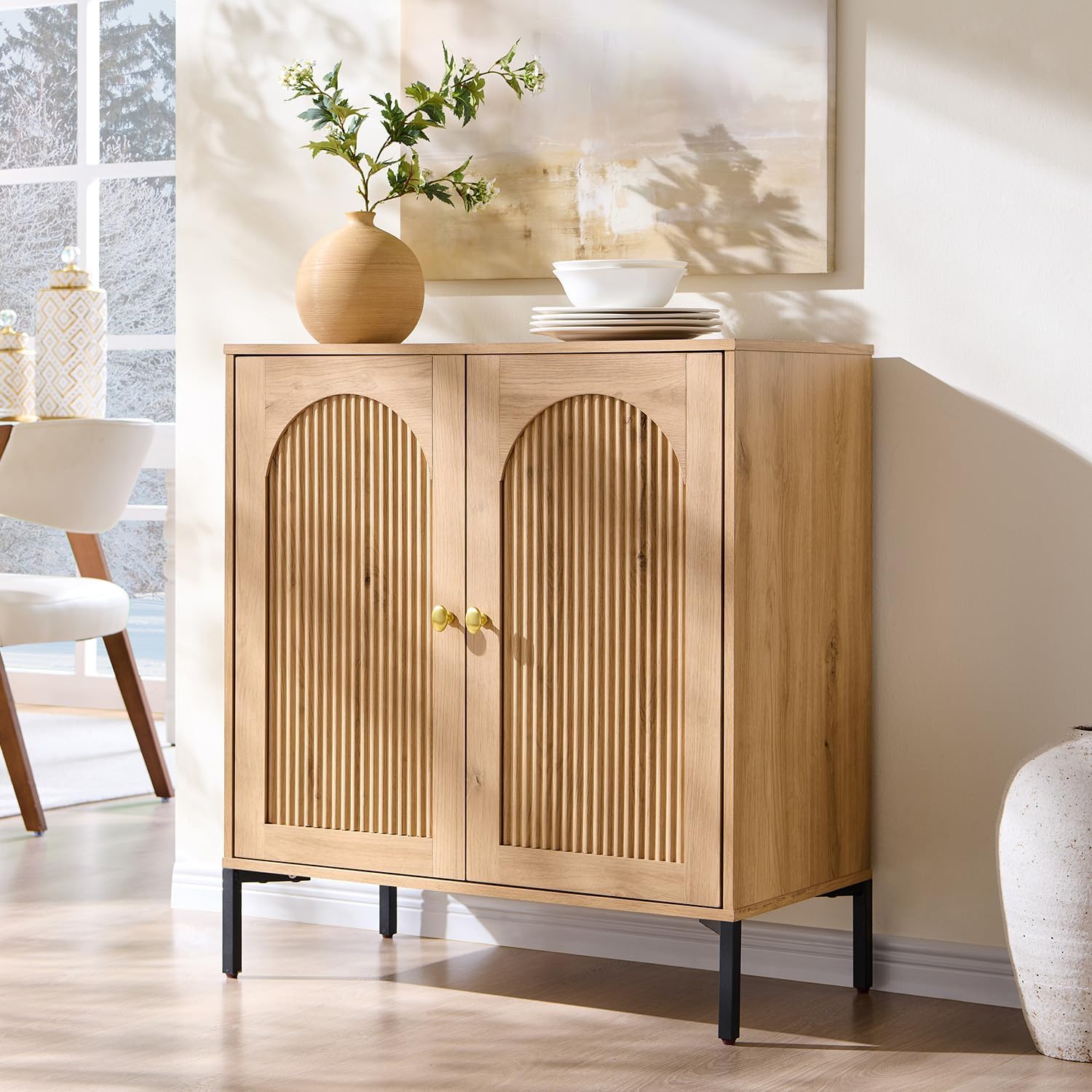 Modern Buffet Cabinet with Storage, 34" Tall Fluted Arched Sideboard Cabinet w/Adjustable Shelves, Wooden Modular Coffee Bar for Dining Room, Kitchen, Living Room, Entryway, Natural