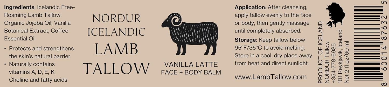 NORDUR 100% Icelandic Lamb Tallow for Skin Care - Face + Body - Whipped Moisturizer from Free Roaming Icelandic Lambs - Ultra Nourishing, 2 FL. oz. (Vanilla Latte)