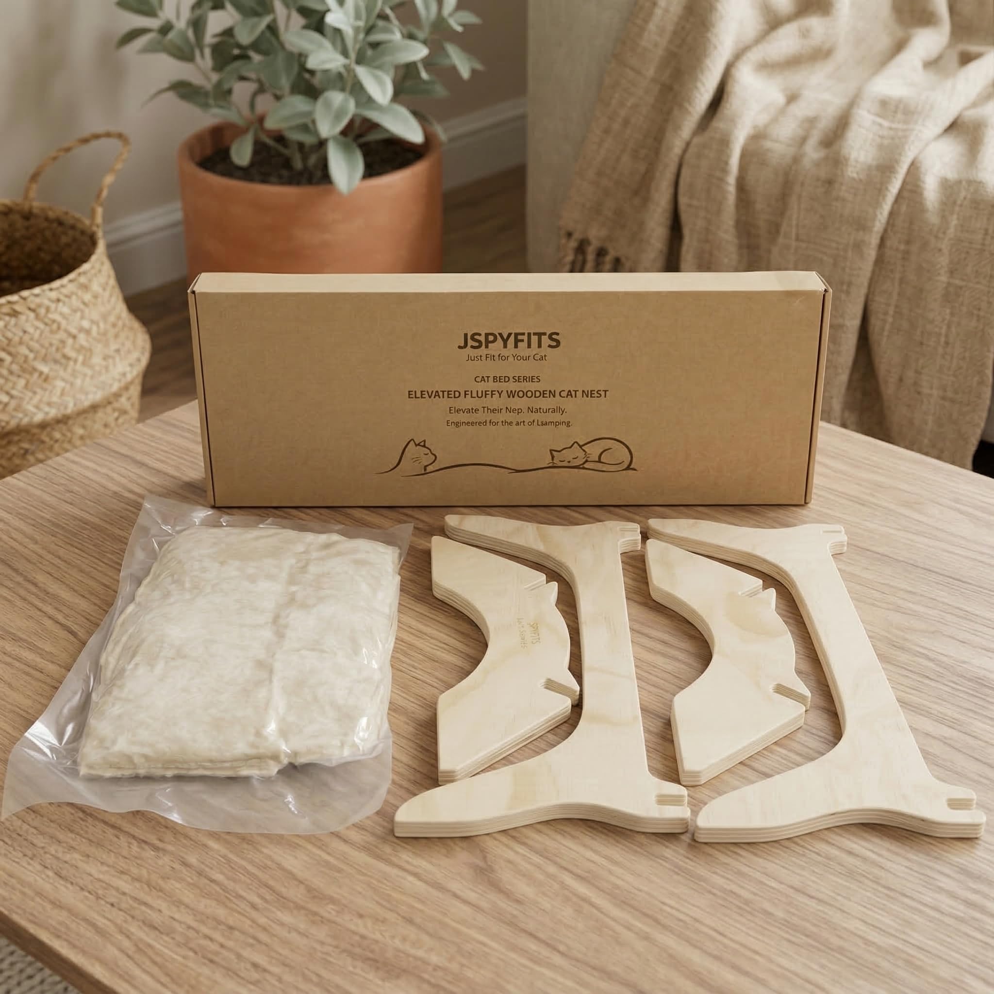 JSPYFITS Katzenbett, Plüsch-Samt-Katzenbetten für Indoor-Katzen, Katzenhängematte aus Holz, 54 x 42 x21 cm, geeignet für Katzen, Hunde, Kaninchen, Kätzchen und Kleintiere Grau