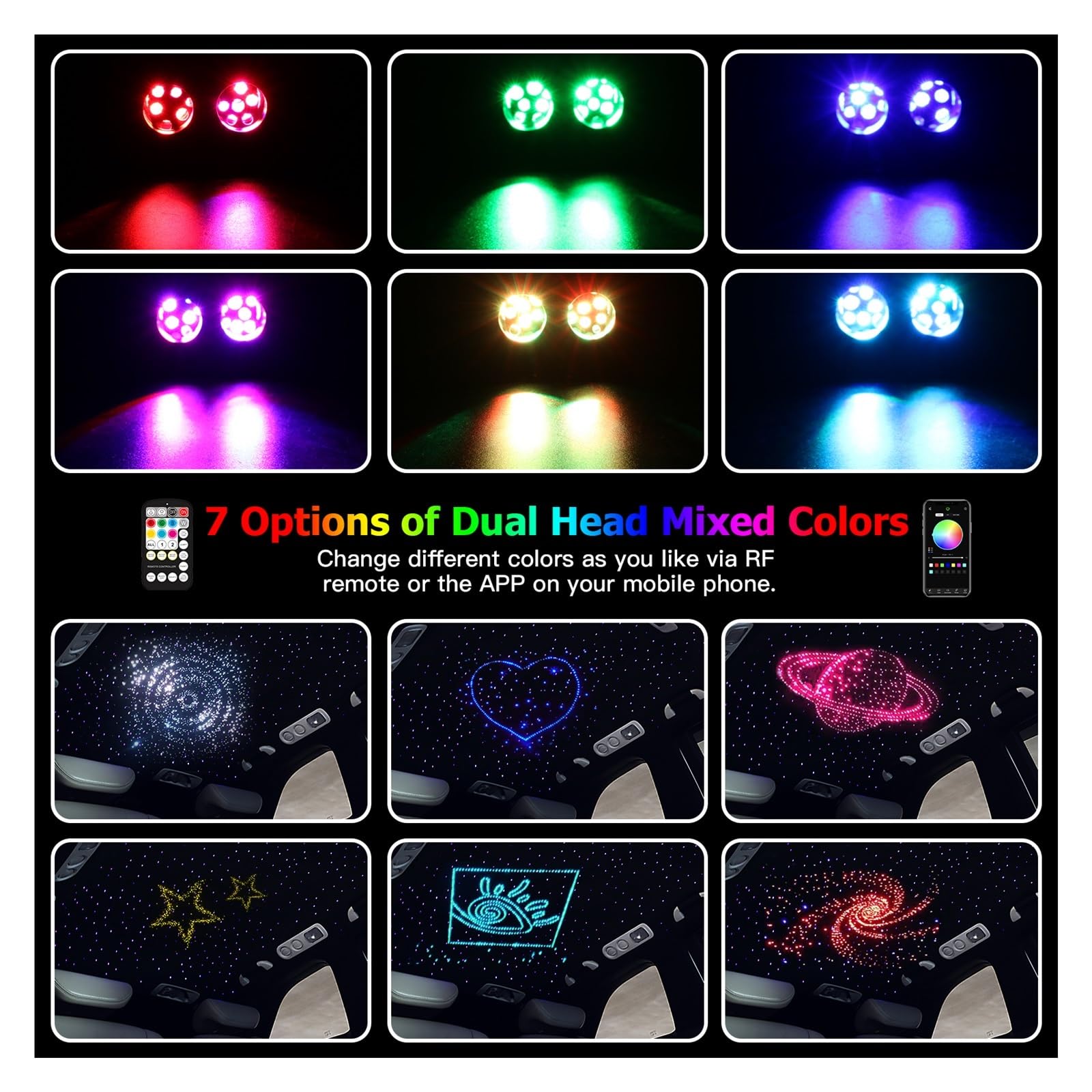 DELURA 20W RGBW Coche De Doble Cabeza Cielo Estrellado Control De Música Coche Techo Estrella Fibra Óptica Estrella Techo Kit Luz De Fibra Óptica Ampliamente Utilizado (Size : LED Engine NO Fiber)