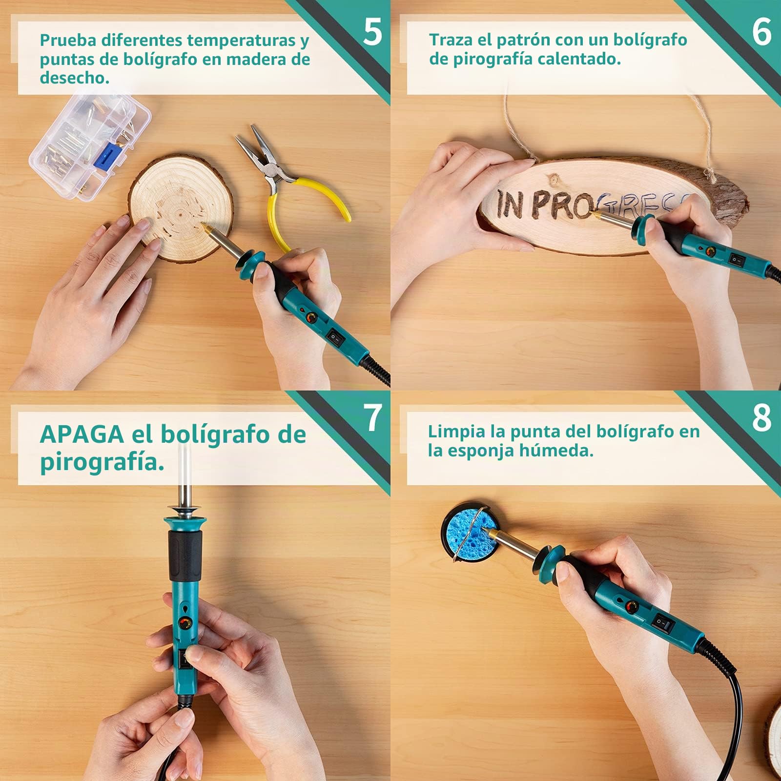 YIHUA 930-IV Herramienta de pluma de pirograbador de madera kit con 25 puntas de pirografía (punta sólida), 2 madera de pirograbado, 1 alicate para pirografo(EU Plug)