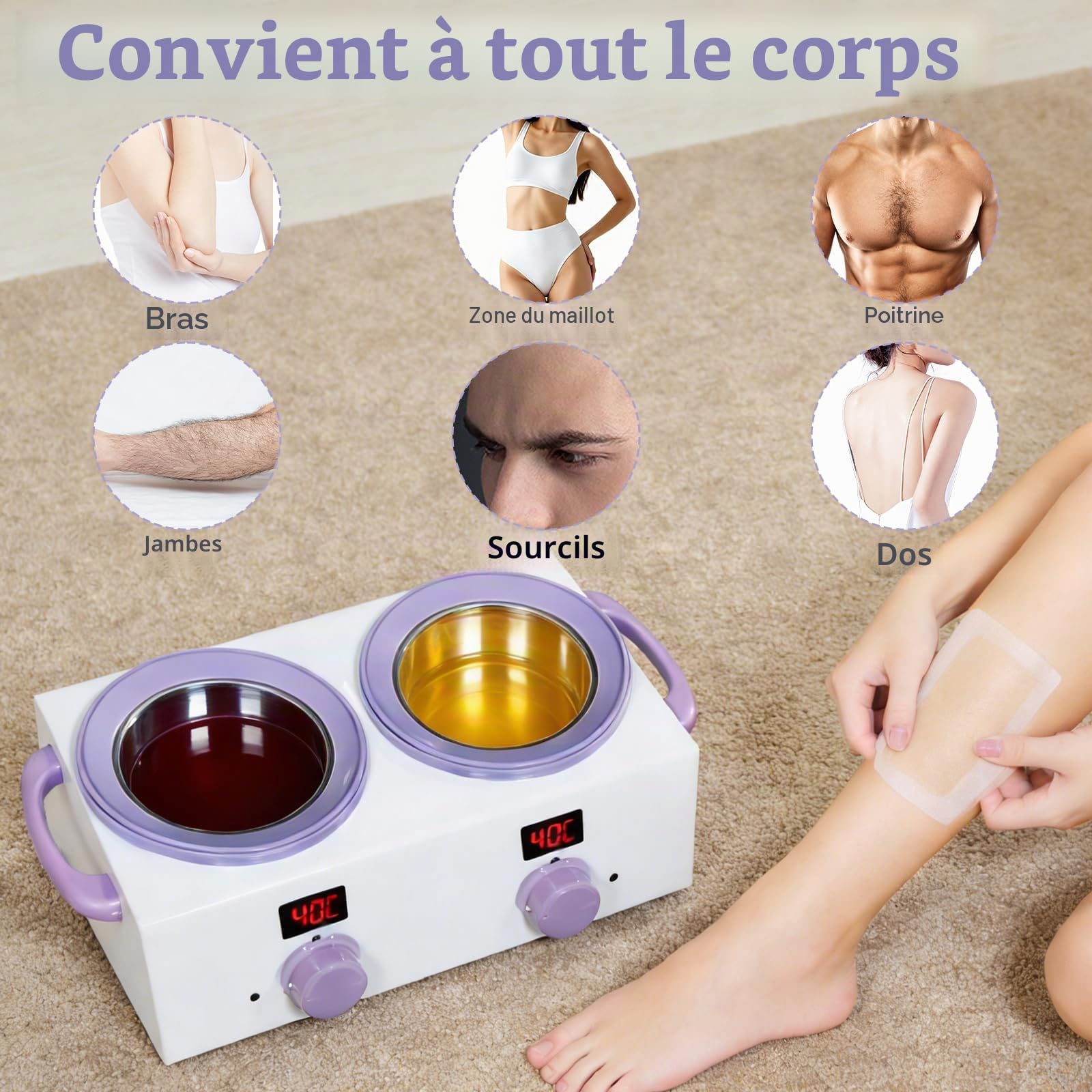 Chauffe-cire double avec écran d’affichage électronique, 2 pots de cire de 500 ml, chauffe-cire 220W pour épilation avec température réglable, idéal pour usage domestique, barbier, salon