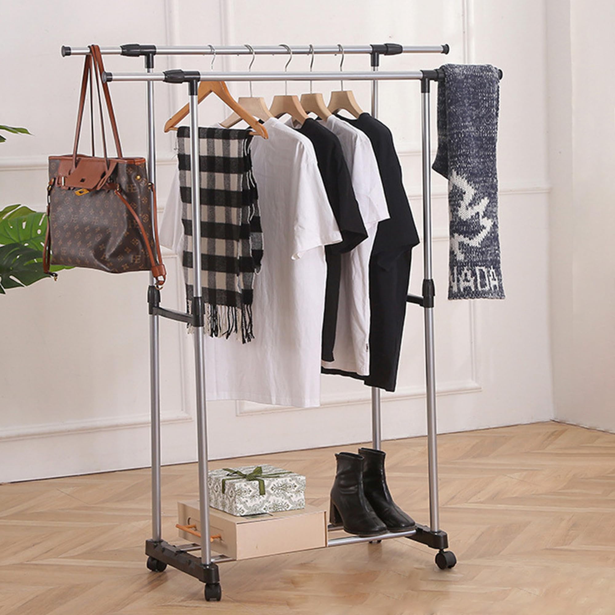 Kuber Industries Double Rod Adjustable Clothing rack | Stainless Steel| Foldable Garment Organiser on Wheels| Rolling Bars|Color-Black| 8006-1BK (B0D7C731Z2) Amazon Price History, Amazon Price Tracker
