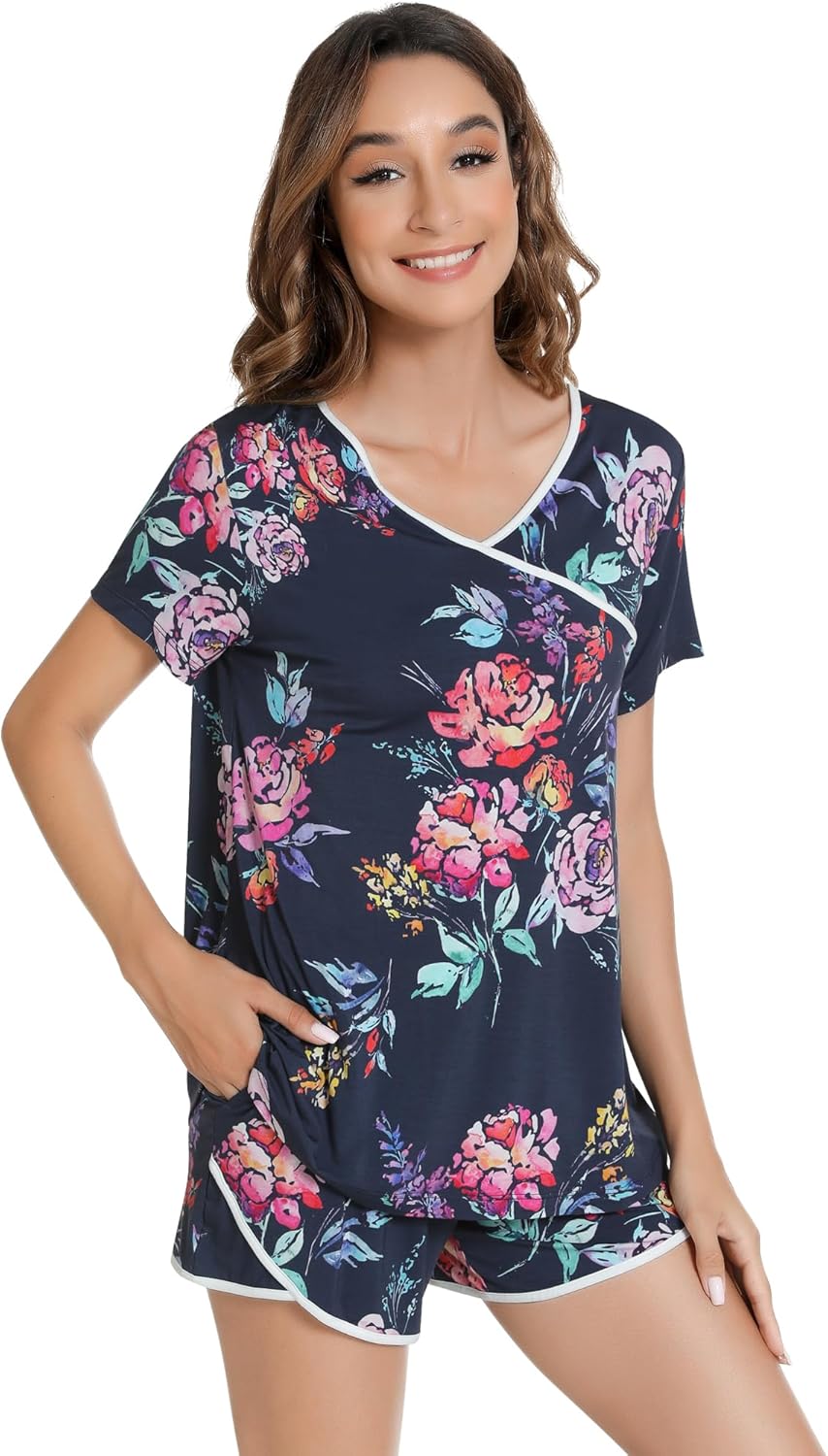 NACHILA Pajamas for Women-Viscose Made from Bamboo, Pjs Short Sleeve Sleepwear V Neck Loungewear Soft Pajama Sets - Image 3