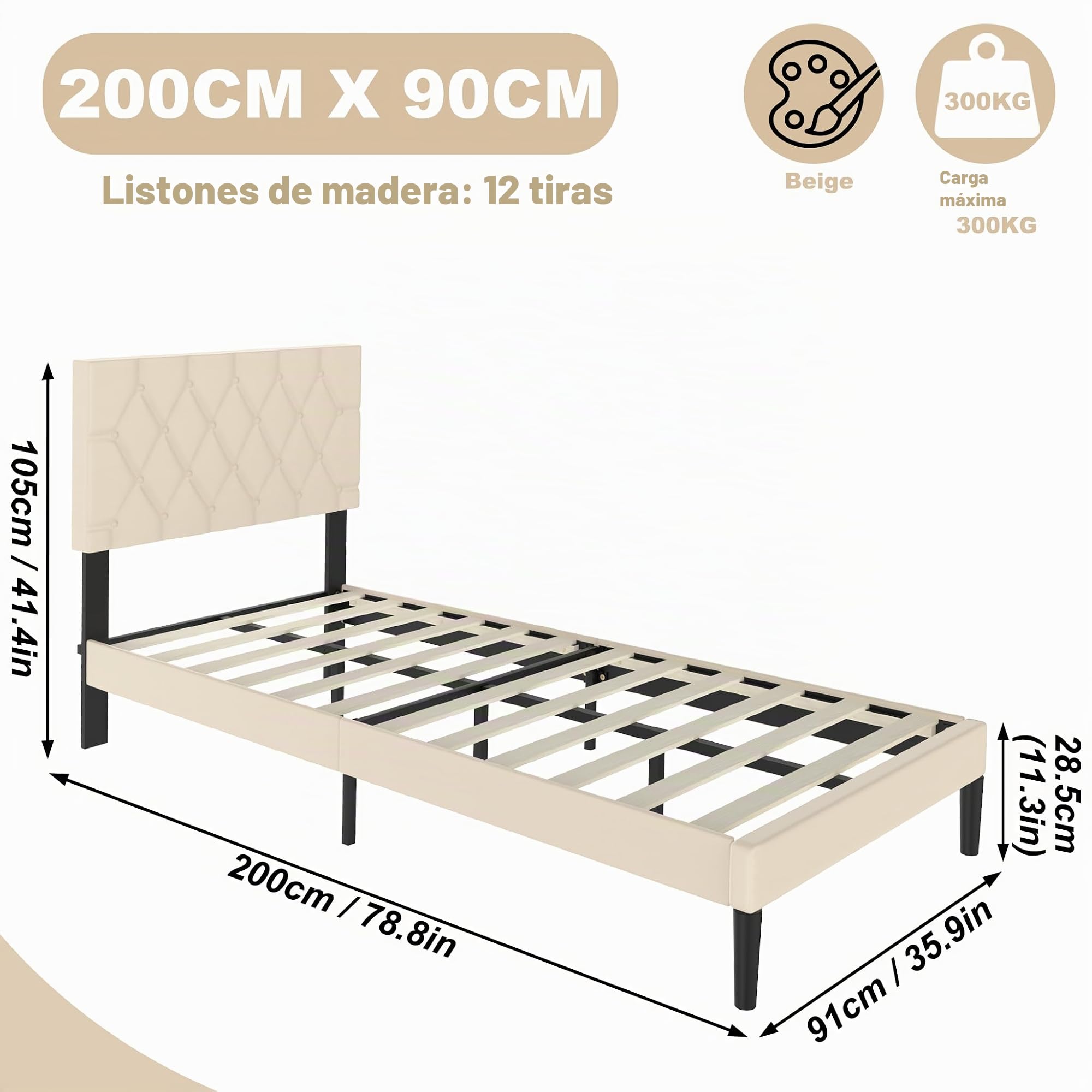 Froadp Cama tapizada de 90 x 200 cm – Marco de cama doble con soporte de listones de madera de piel sintética, cabecero tapizado con botones, marco de cama para dormitorio, diseño moderno (beige)
