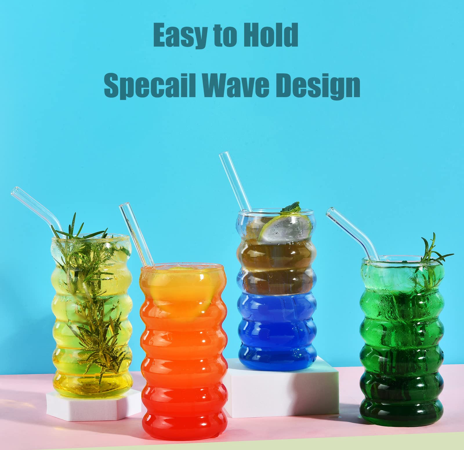 ALINK Set di 4 bicchieri di vetro a coste con cannucce, 473,6 ml, bicchieri da caffè ghiacciato, bicchieri da birra ondulati, bicchieri da birra per coctail, latte, soda, regalo con pennello