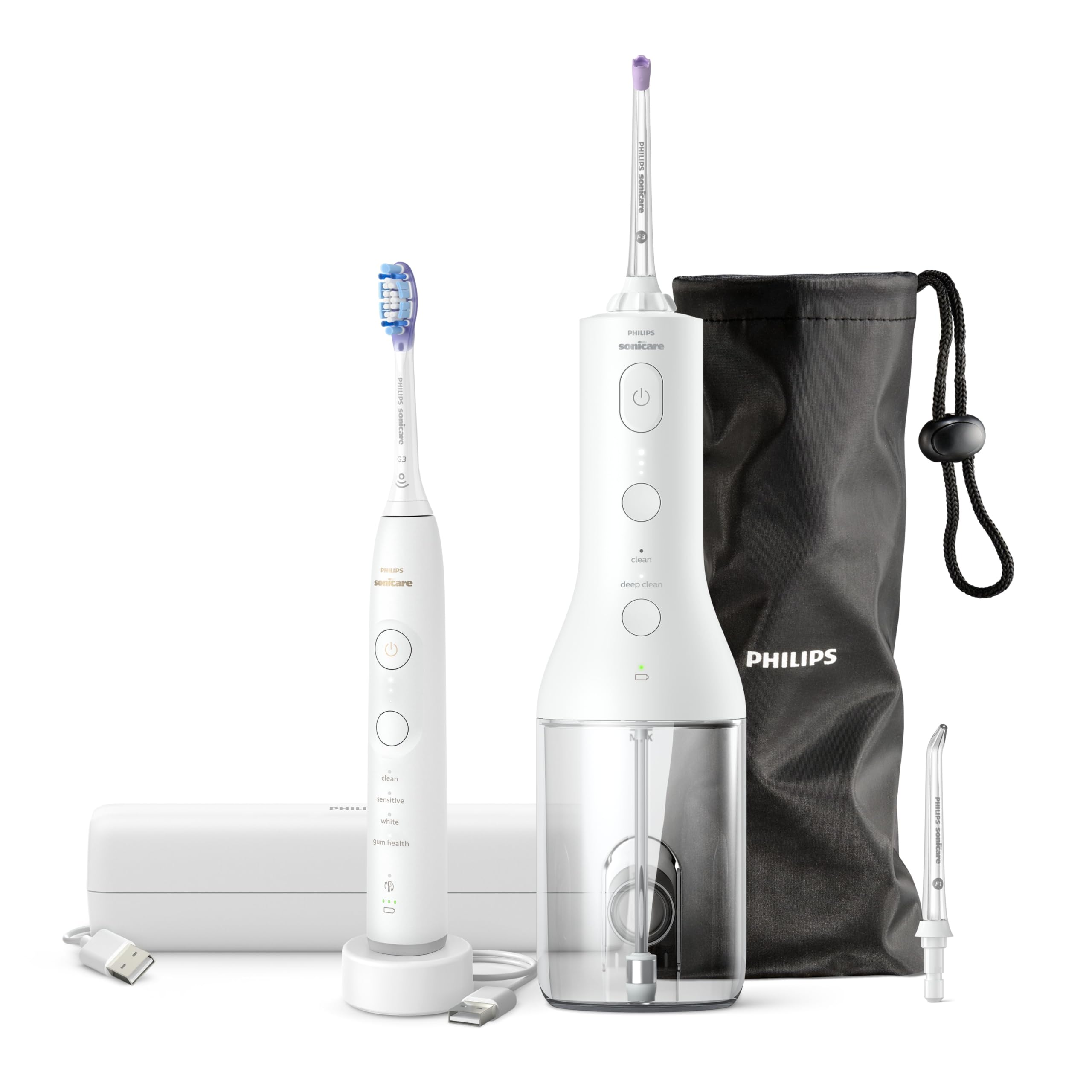 Philips Sonicare Power Flosser 3000 senza fili e spazzolino elettrico 7100 – Idropulsore con tecnologia Quad Stream, Next-Generation Sonicare, sensore di pressione e app, HX3887/41