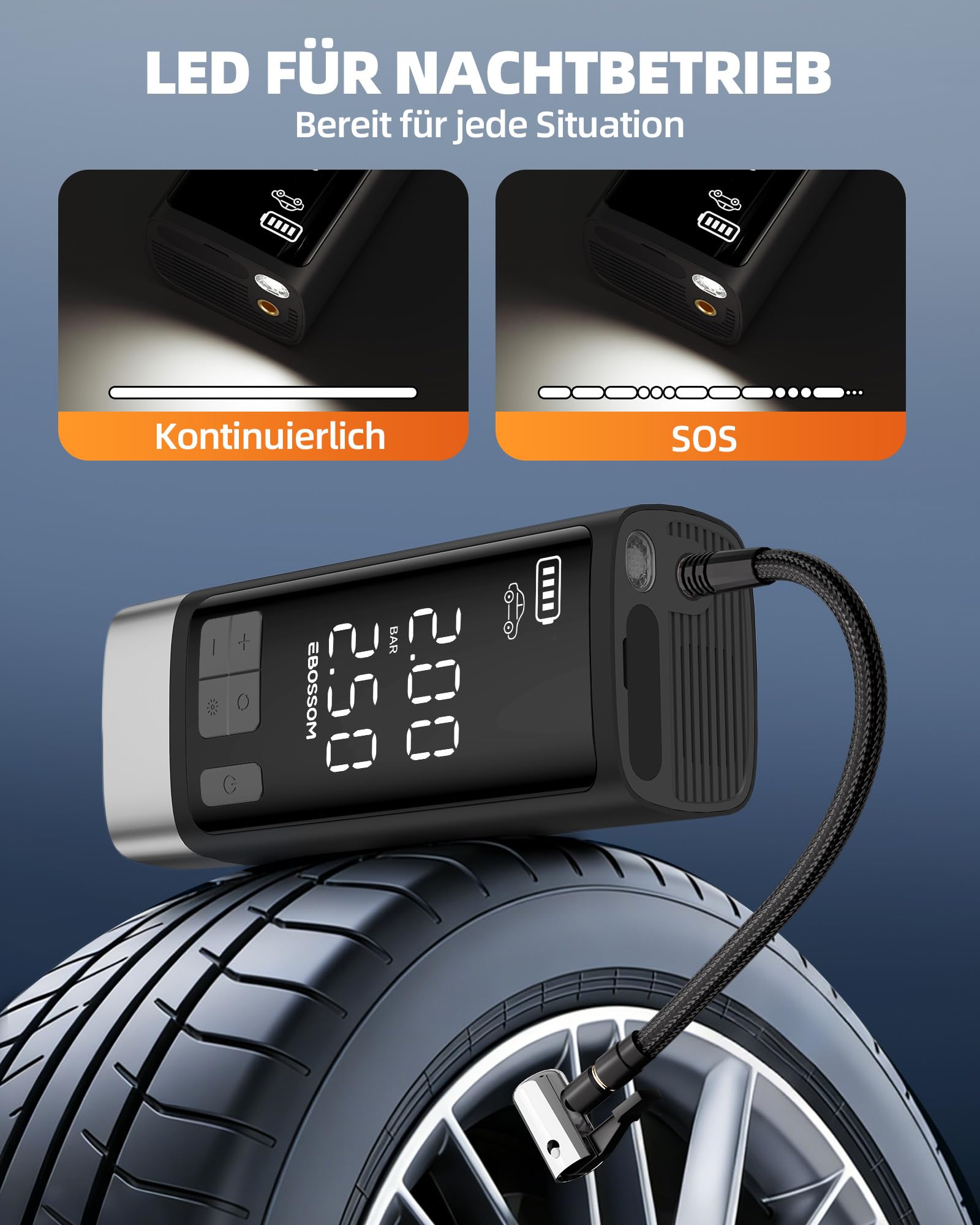 Tragbarer Luftkompressor 150PSI, Doppelzylinder-Luftpumpe mit Akku und 12V DC, Kompressor mit LED-Beleuchtung und automatischer Stoppfunktion für Auto, Pickup und Motorrad und Fahrrad