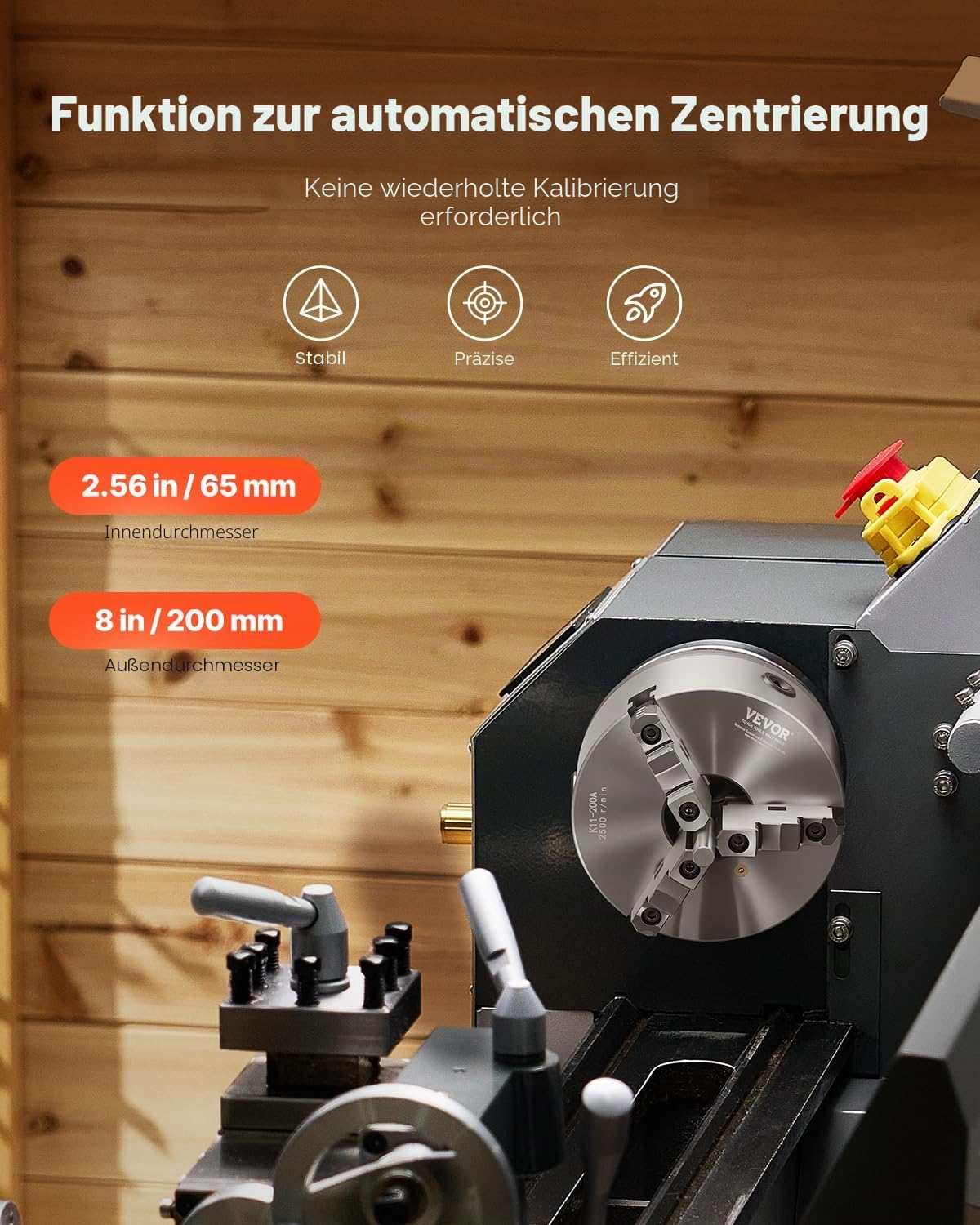 VEVOR 3-Backen-Drehfutter, φ200 mm, Spannfutter mit 57,15-mm-8-Gewinde-Trägerplatte, 4-200 mm Spannbereich mit T-Schlüsselschrauben, HT300-Material, für Holz-Metall-Drehmaschinen