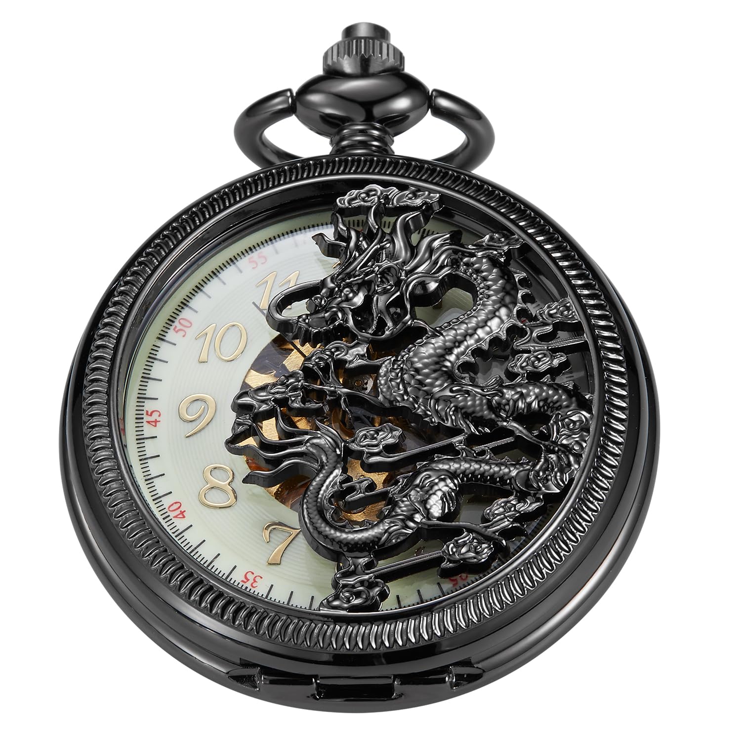 Reloj de bolsillo mecánico para hombre con diseño de dragón hueco PWM08 8