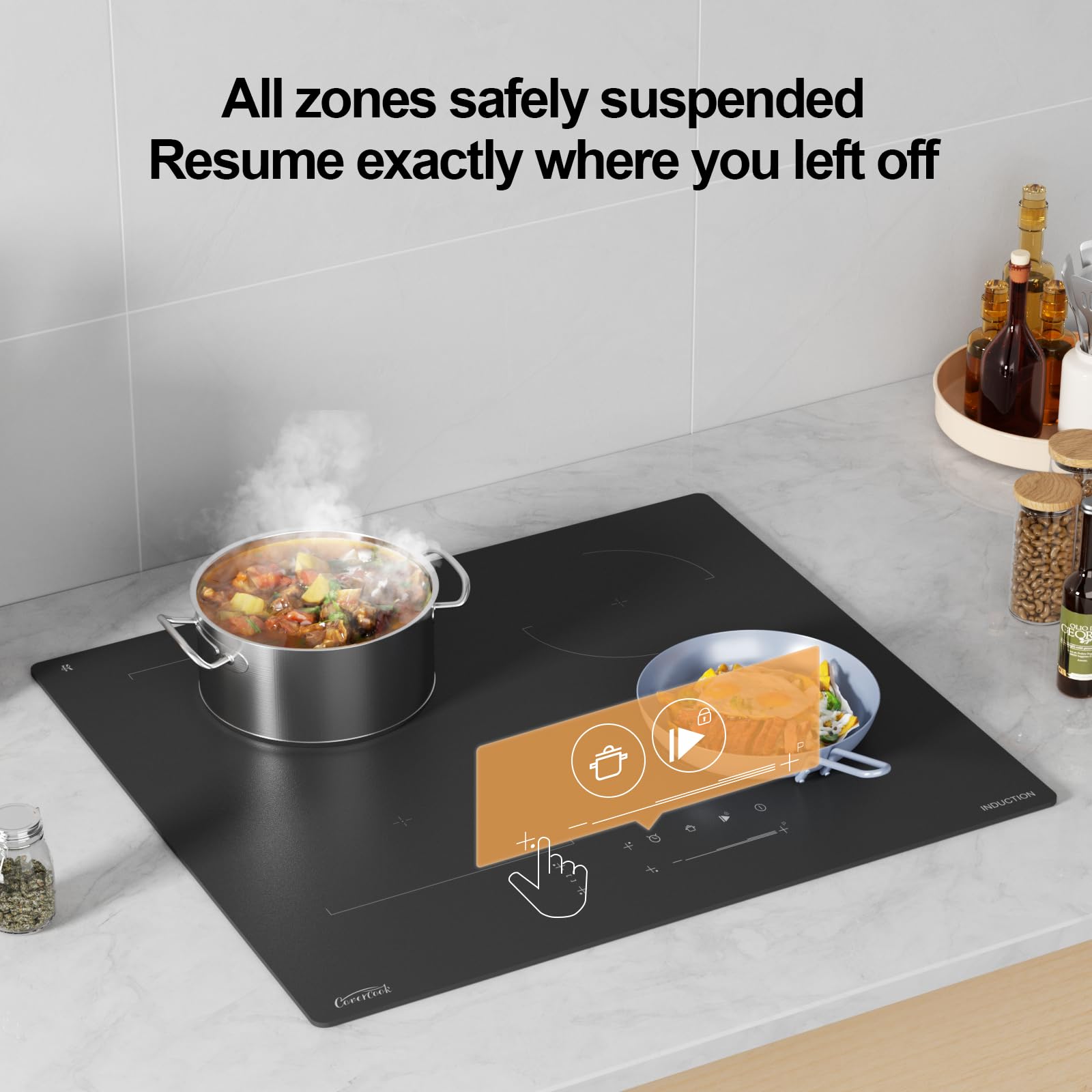 COVERCOOK Induction Hob, 59cm Electric Cooktop, Built-in Hot Plates with Bridge Zone, 7000W, 240V, Matte Glass, Scratch-resistant, Pause and Keep Warm Function — view 6