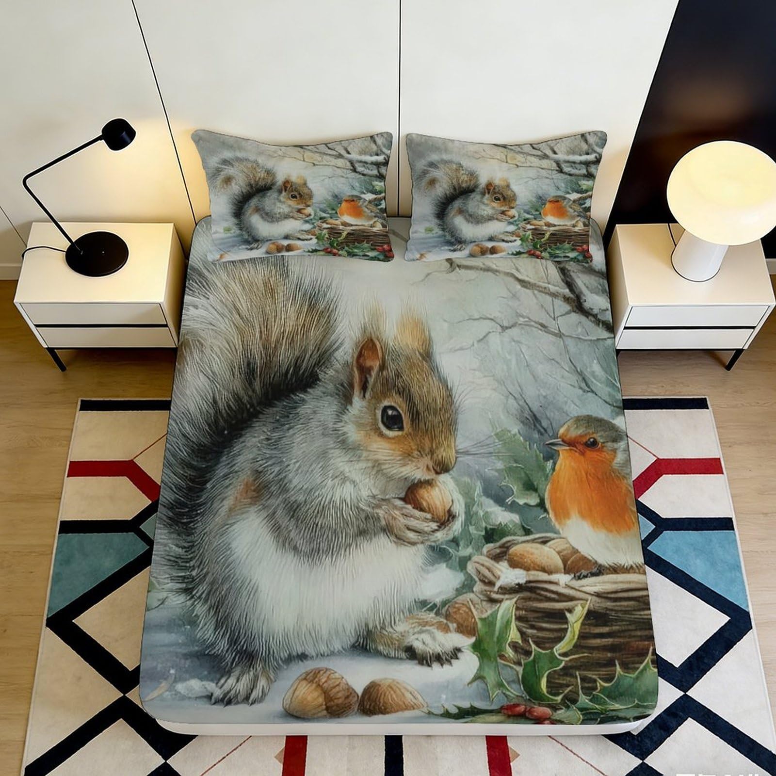 3D Printed Squirrel Woodland Fitted Sheet Microfiber Soft Robin Forest Mattress Cover for Bedroom Dorm Decor Protection 120x200x25cm