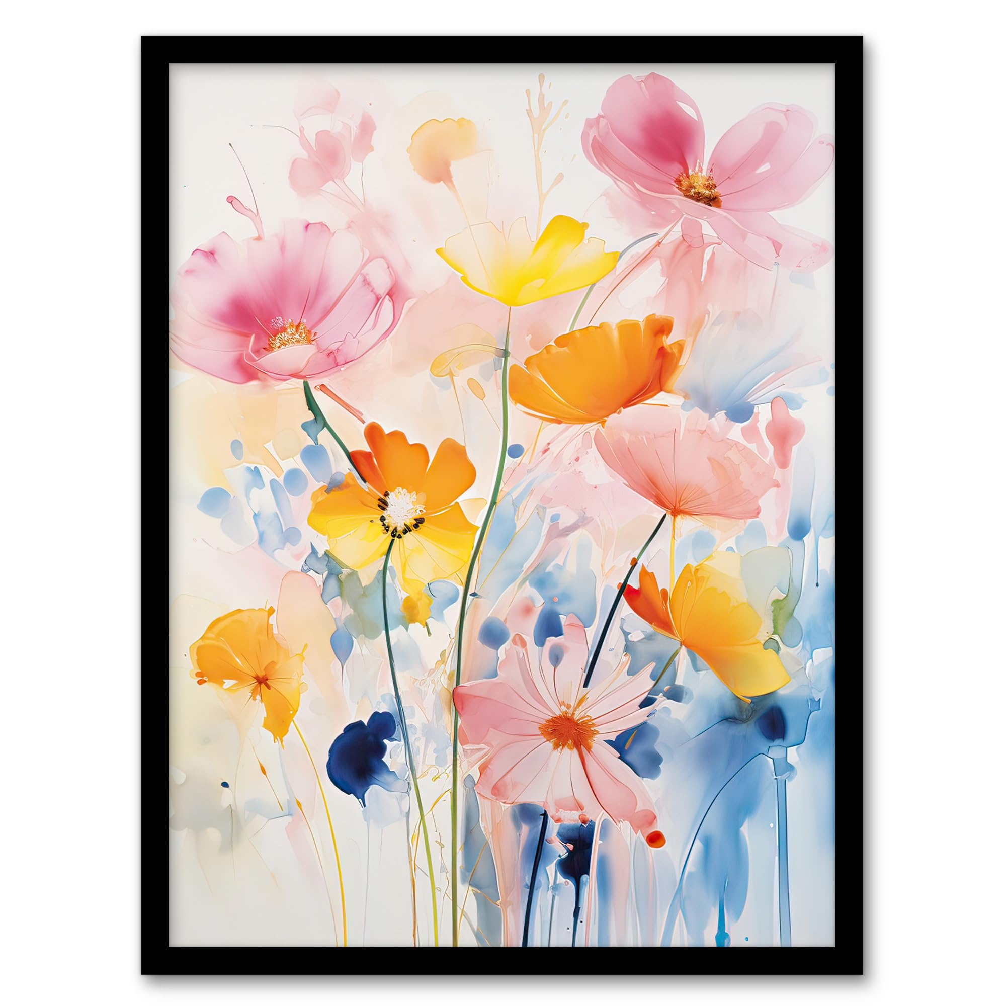 Artery8 Delicate Wildflowers Pastel Watercolour Flowers Artwork Framed Wall Art Print A4