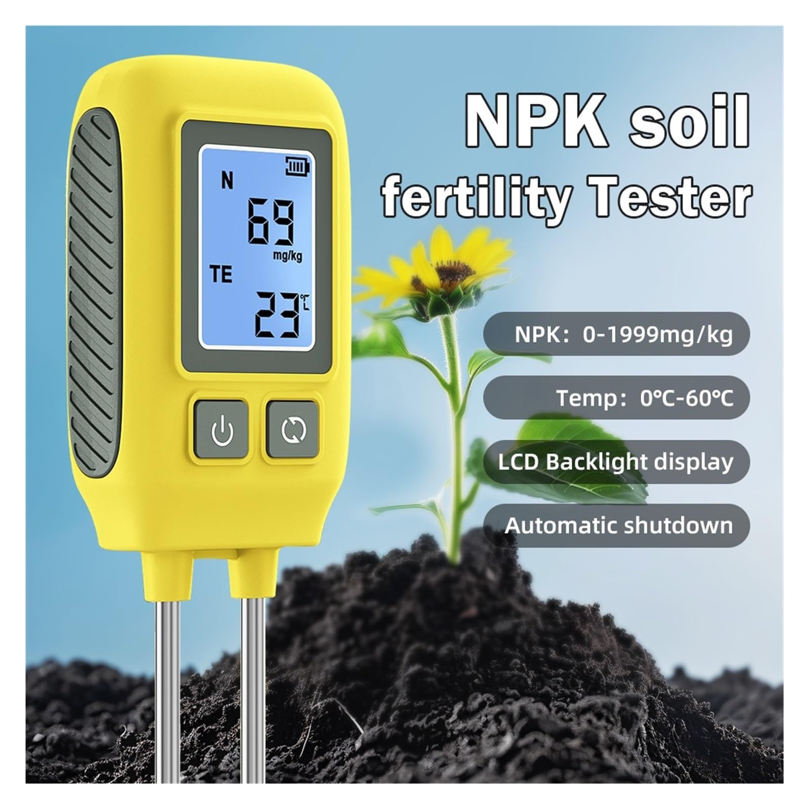 EDEDE Bodentester, 4 in 1 Bodentester LCD-Hintergrundbeleuchtung Bodendünger Nährstoffdetektor Bodentemperaturmessgerät for den Bauernhof für Pflanzenerde, Garten