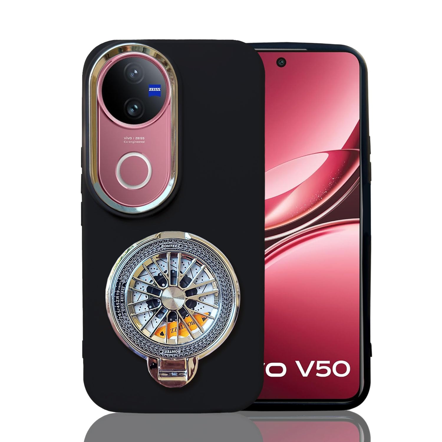 KC Back Cover for Vivo V50 5G / Vivo V50e 5G - Electroplated Crome Metal Ring Soft Silicone Silver Round Spinning Wheel Kickstand Holder Camera Protection Shockproof Bumper Case (Black)