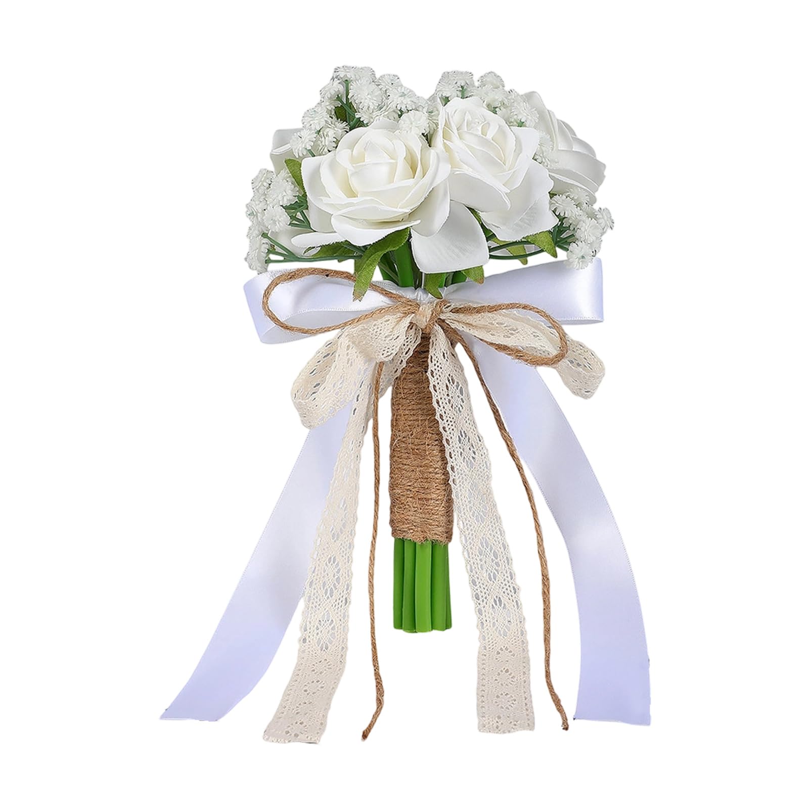 Bbajszx Silk White Ribbon Flowers Bouquet Lightweight for Bridal Party Decoration Accessory Traditional Silk White and Flowers Bouquet
