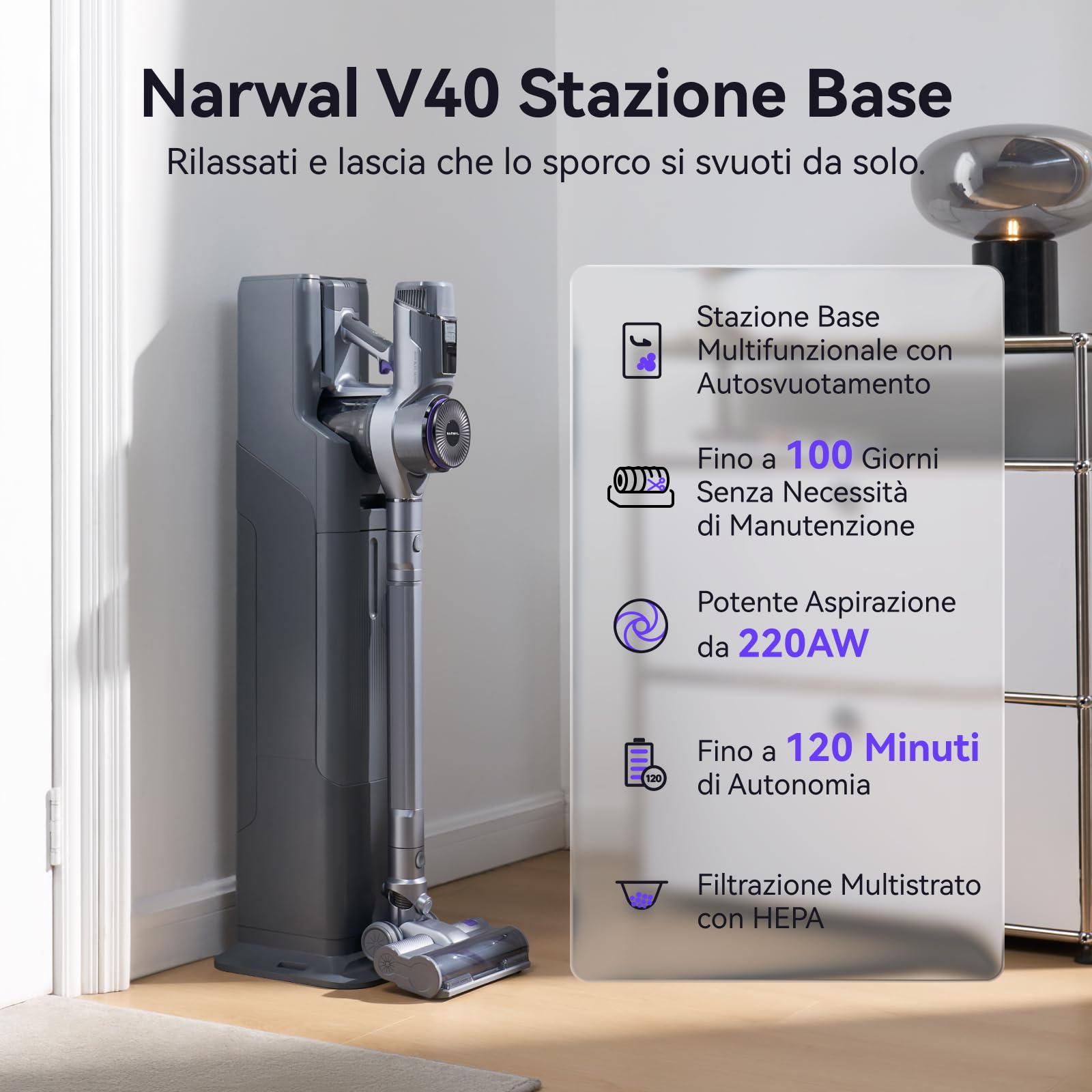 NARWAL V40 Station Aspirapolvere Senza Fili, 28000PA / 220AW, Autonomia 120 minuti, Tecnologia Anti-groviglio per peli di Animali, Manutenzione Zero per 100 Giorni, Testina Multifunzione