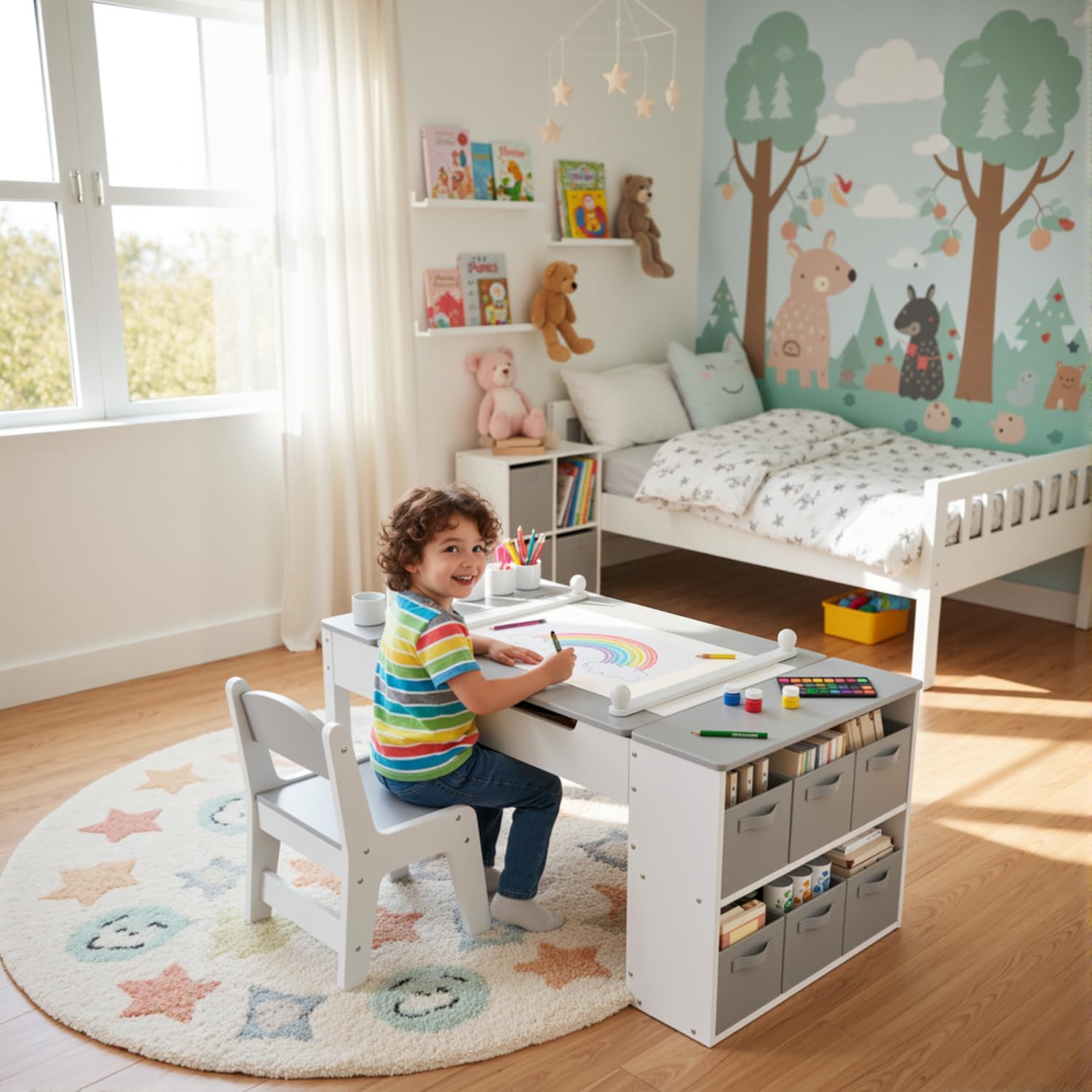 MAMIZO Mesa y Sillas Infantiles Madera con 2 Sillas, Mobiliario Infantil con Espacio de Almacenaje para Niños a Partir de 3 Años, Mesa de Pintura para Habitación Infantil, Sala de Juegos (Gris)