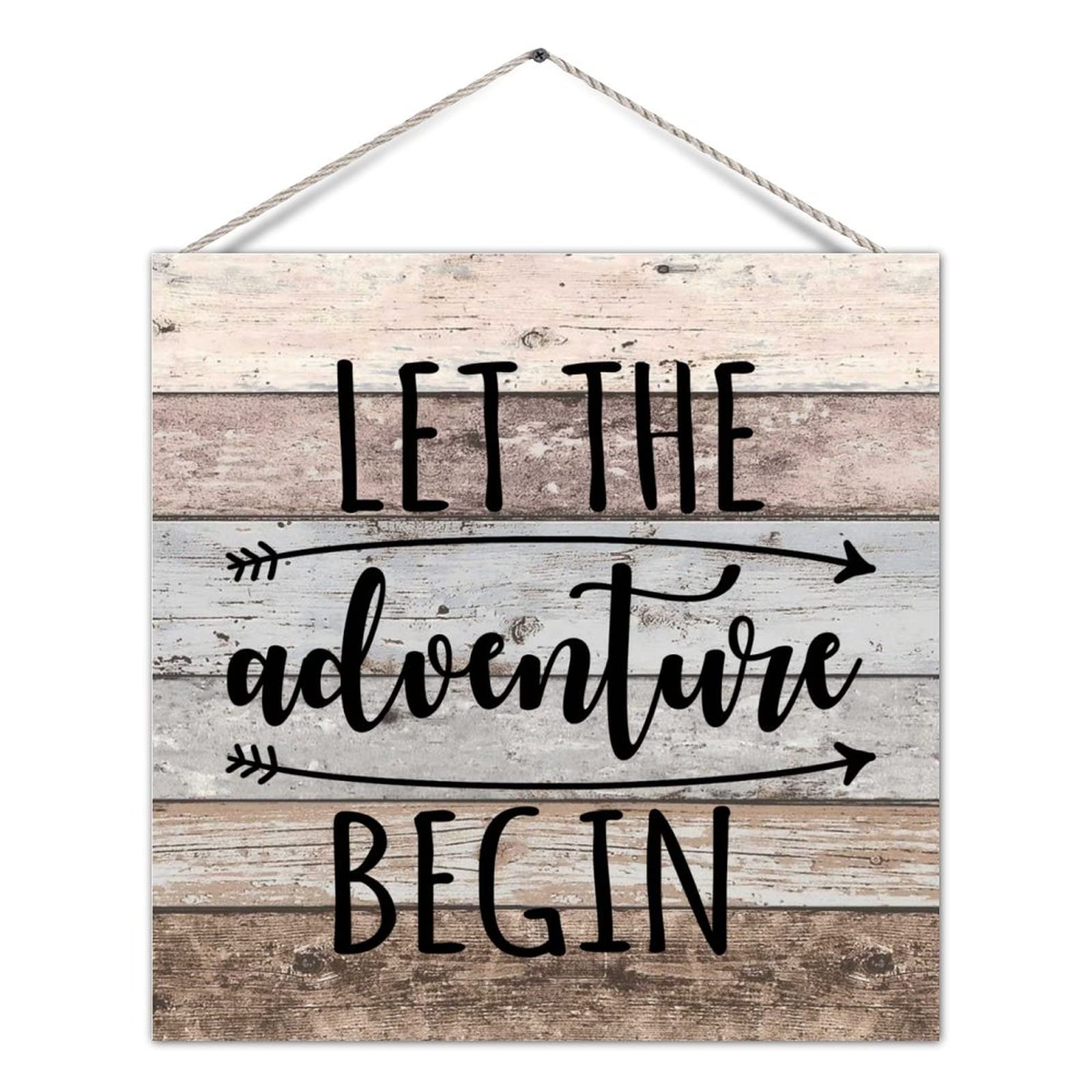 Yivxa Tin-1663 8X8 Inch Funny Wooden Sign Let The Adventure Begin - Cottage Style Welcome Sign - Wall Mount - Wood Material - 8 Inches