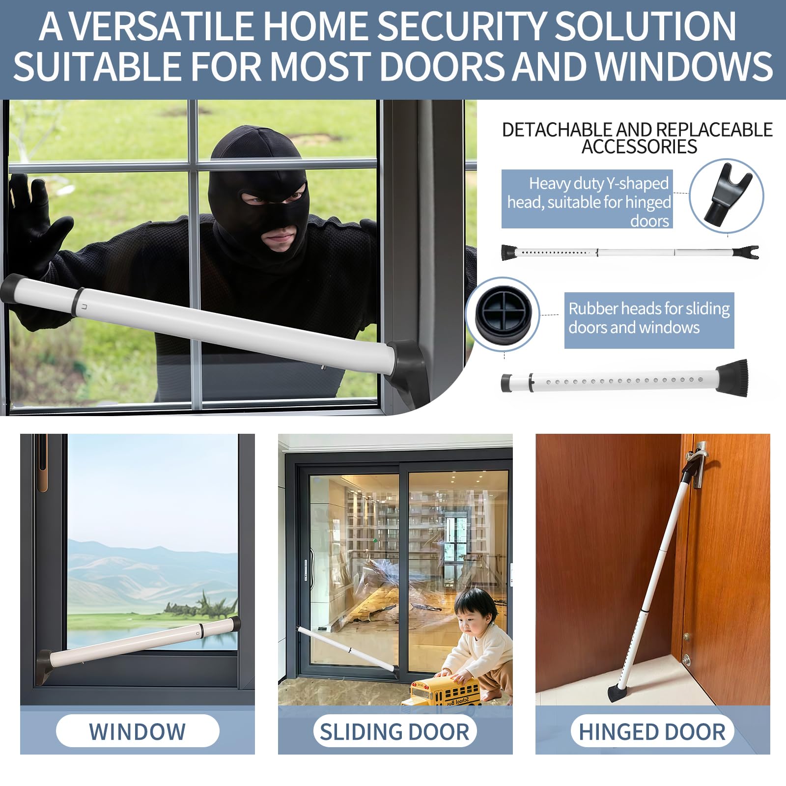 Barra de seguridad multifuncional mejorada para puerta y barra de ventanas correderas, topes ajustables resistentes para apartamento, hogar, habitación de hotel