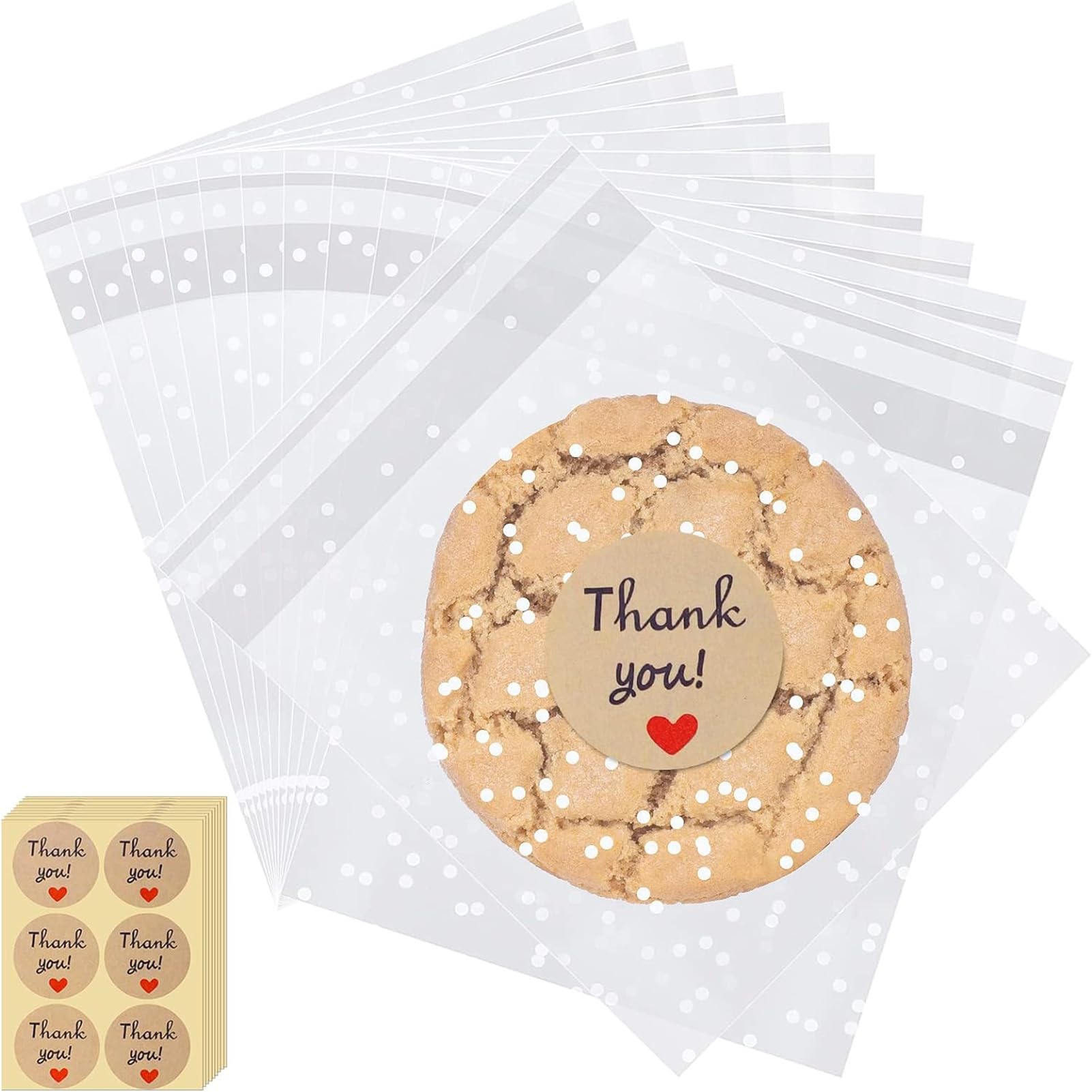 ANTOLE Clear Plastic Bags,200Pcs White Polka Dot Treat Bags Self Adhesive Candy Cookie Bag,Resealable Cellophane Gift Bags for Bakery Cookies Candies Dessert Chocolate Party Favor (3.94 * 3.94in)